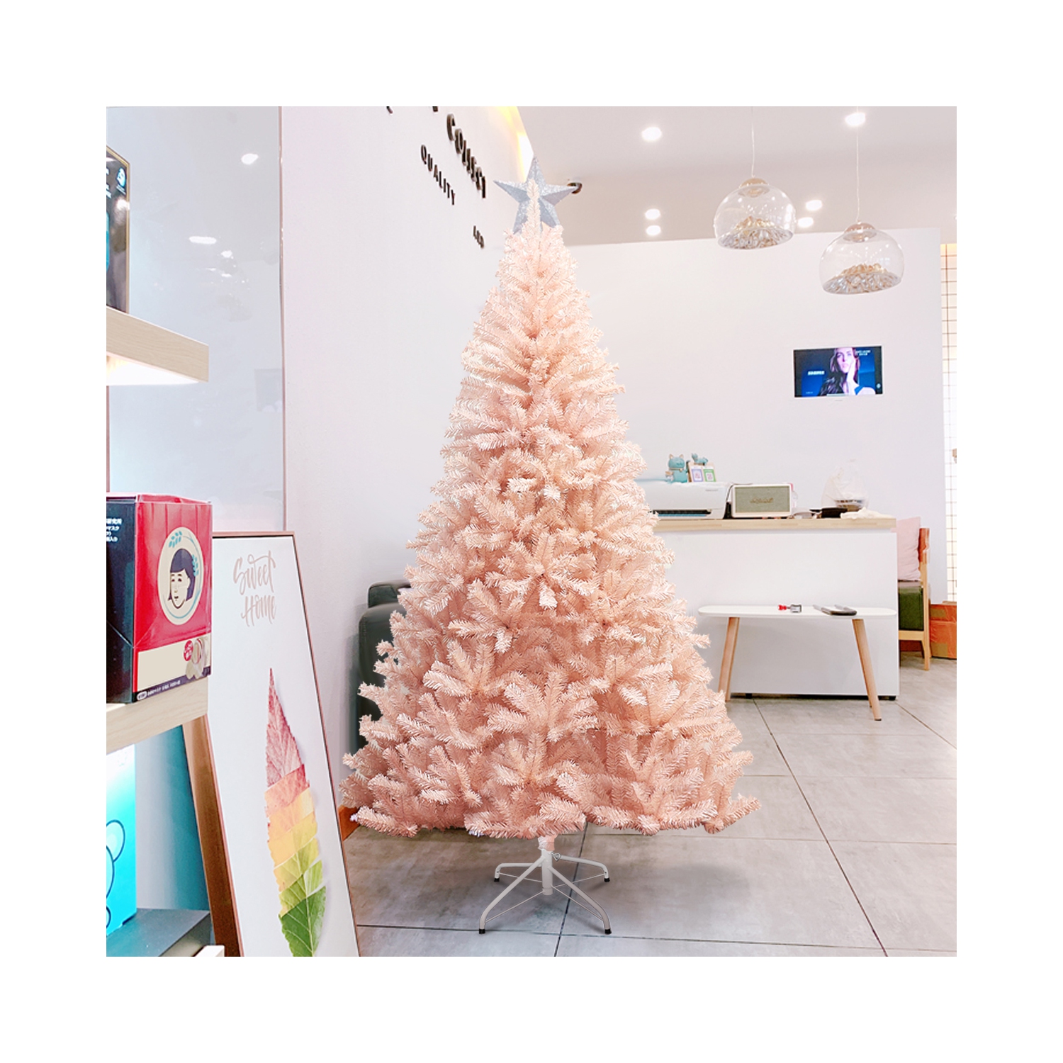 Gymax 6ft/ 7ft Pink Classic Pine Christmas Tree Artificial Hinged Tips