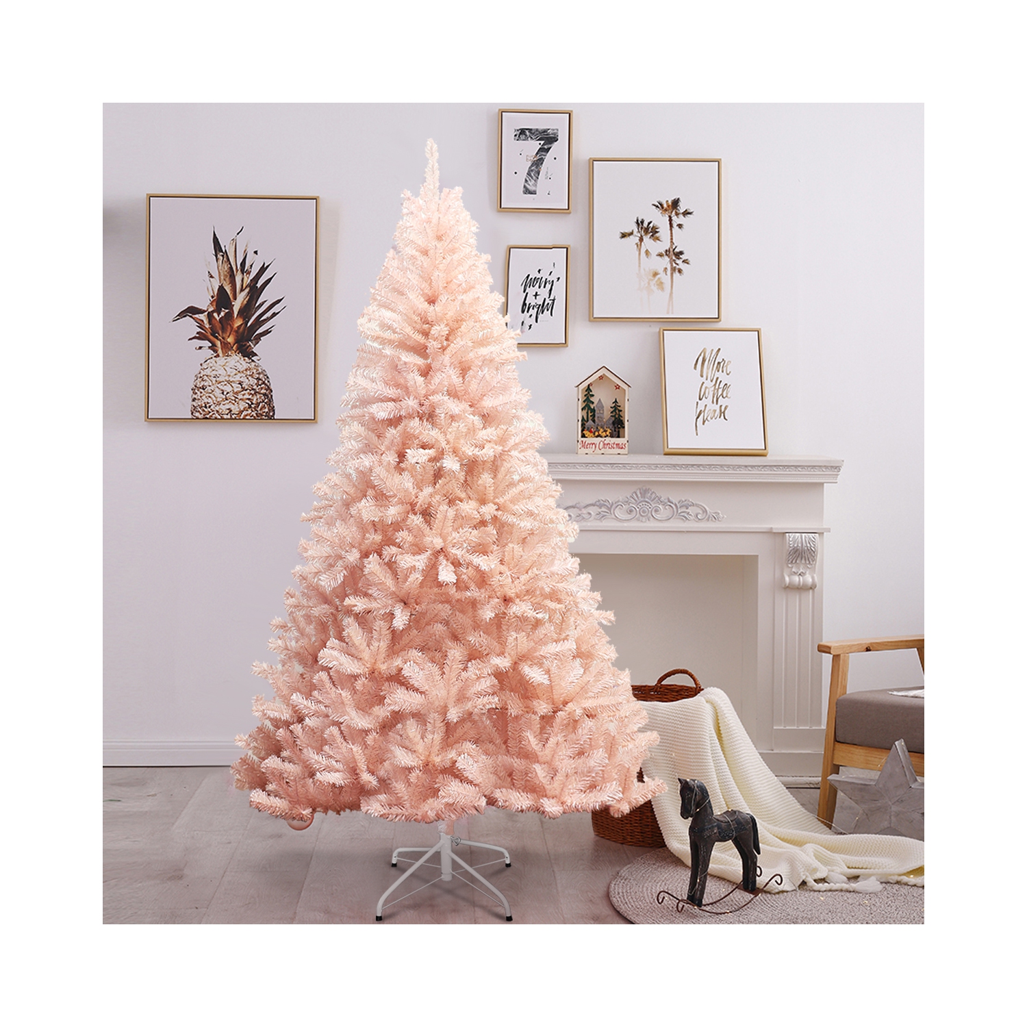 Gymax 6ft/ 7ft Pink Classic Pine Christmas Tree Artificial Hinged Tips