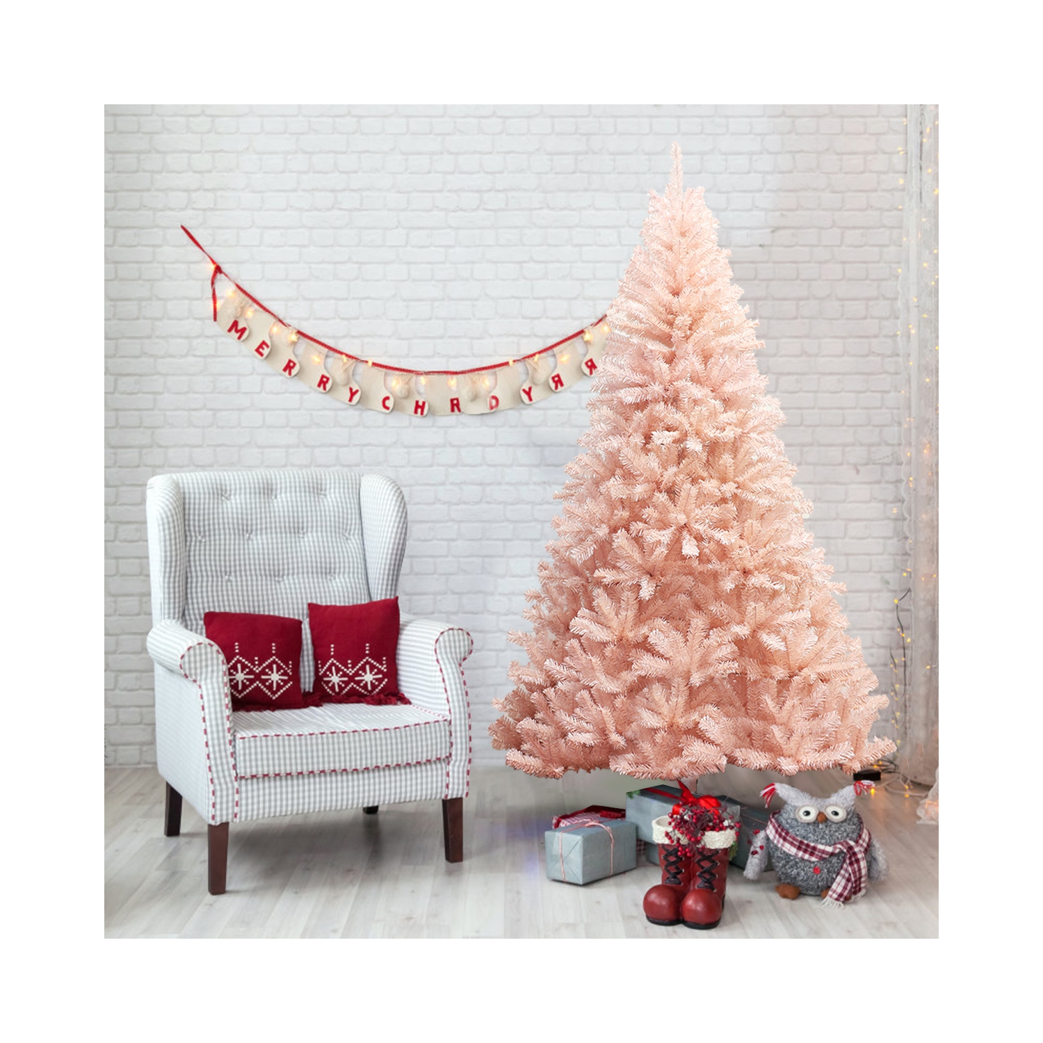 Gymax 6ft/ 7ft Pink Classic Pine Christmas Tree Artificial Hinged Tips