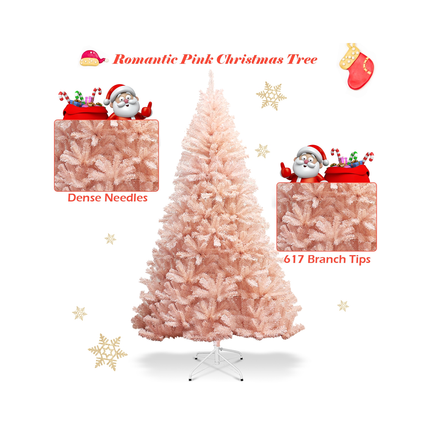 Gymax 6ft/ 7ft Pink Classic Pine Christmas Tree Artificial Hinged Tips