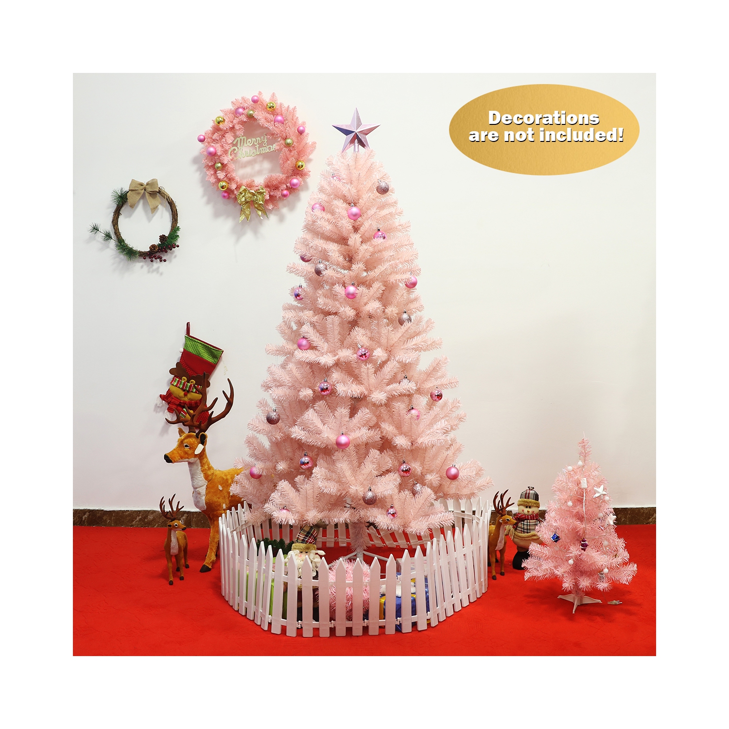 Gymax 6ft/ 7ft Pink Classic Pine Christmas Tree Artificial Hinged Tips