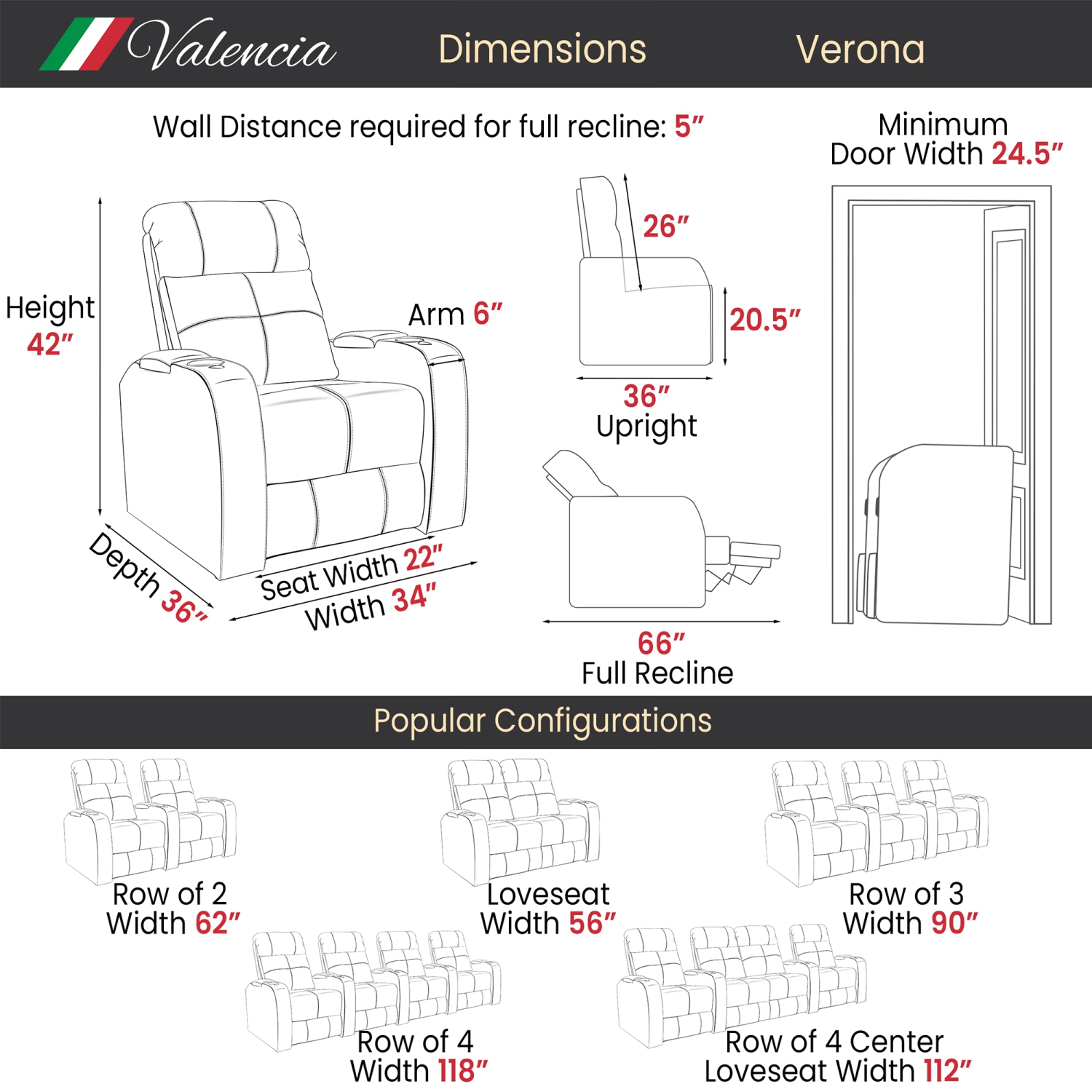 Valencia Verona Premium Top Grain 9000 Leather Single Power Recliner LED Lighting Home theatre Seating
