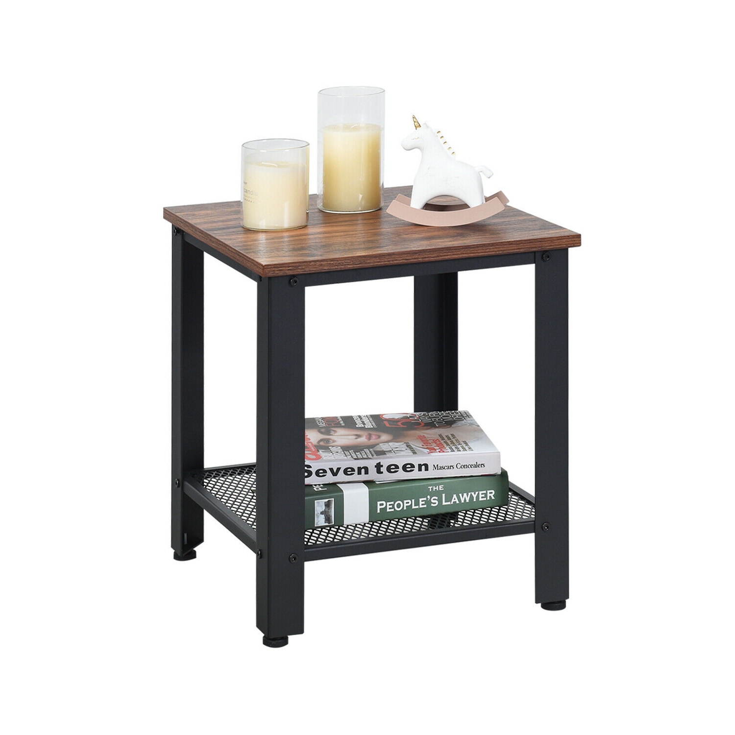 Gymax Industrial End Table 2-Tier Side Table W/Storage Shelf Rustic Sofa Table Black