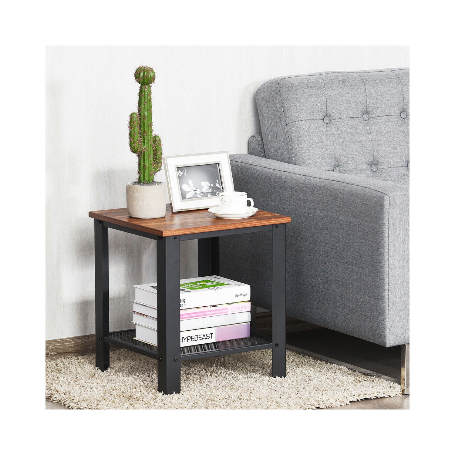 Gymax Industrial End Table 2-Tier Side Table W/Storage Shelf Rustic Sofa Table Black
