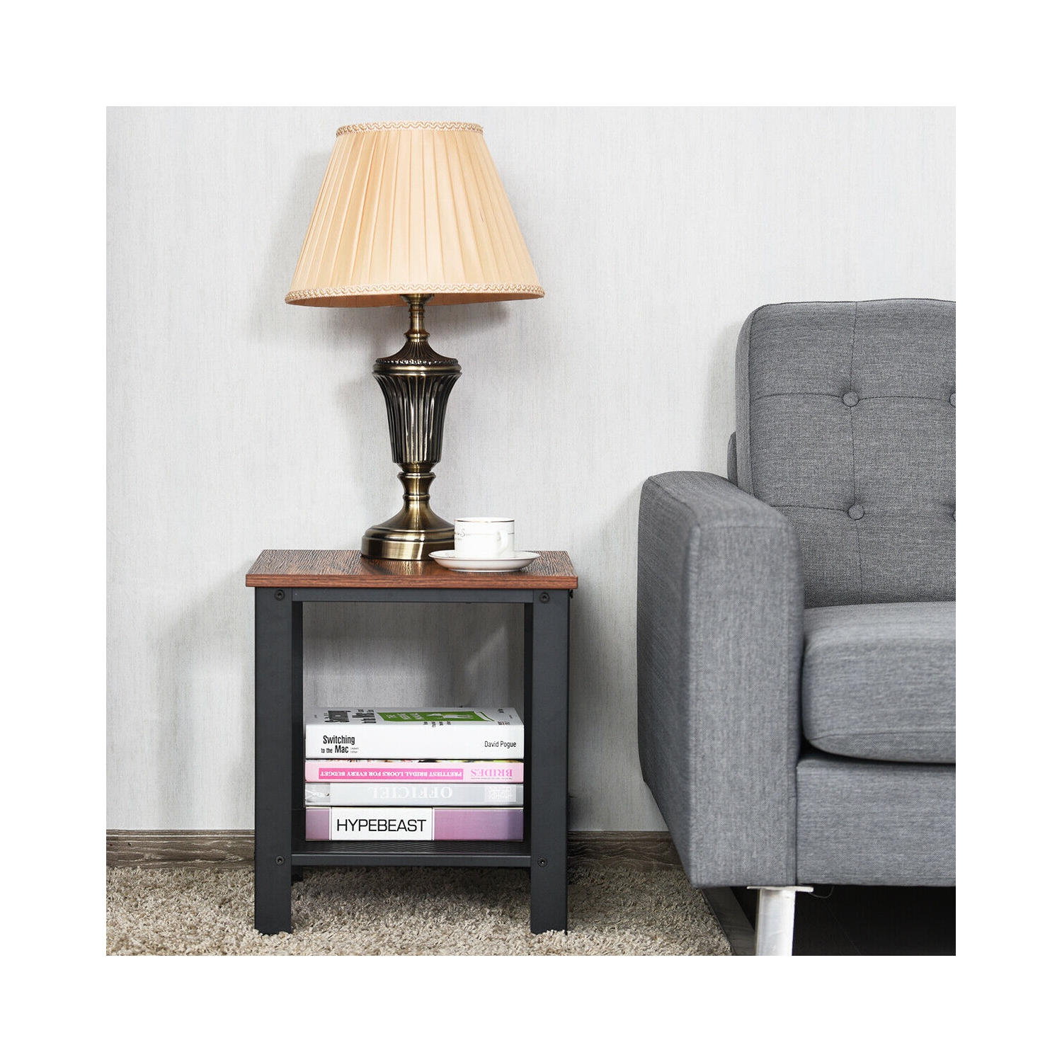 Gymax Industrial End Table 2-Tier Side Table W/Storage Shelf Rustic Sofa Table Black