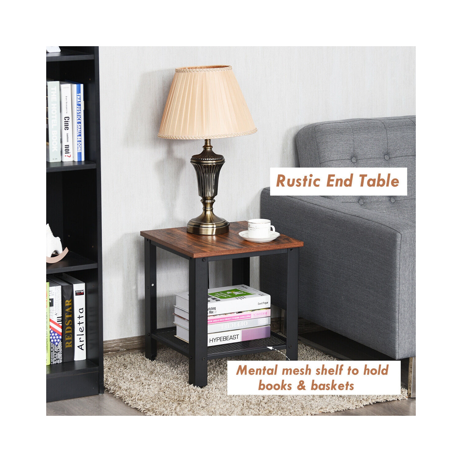 Gymax Industrial End Table 2-Tier Side Table W/Storage Shelf Rustic Sofa Table Black
