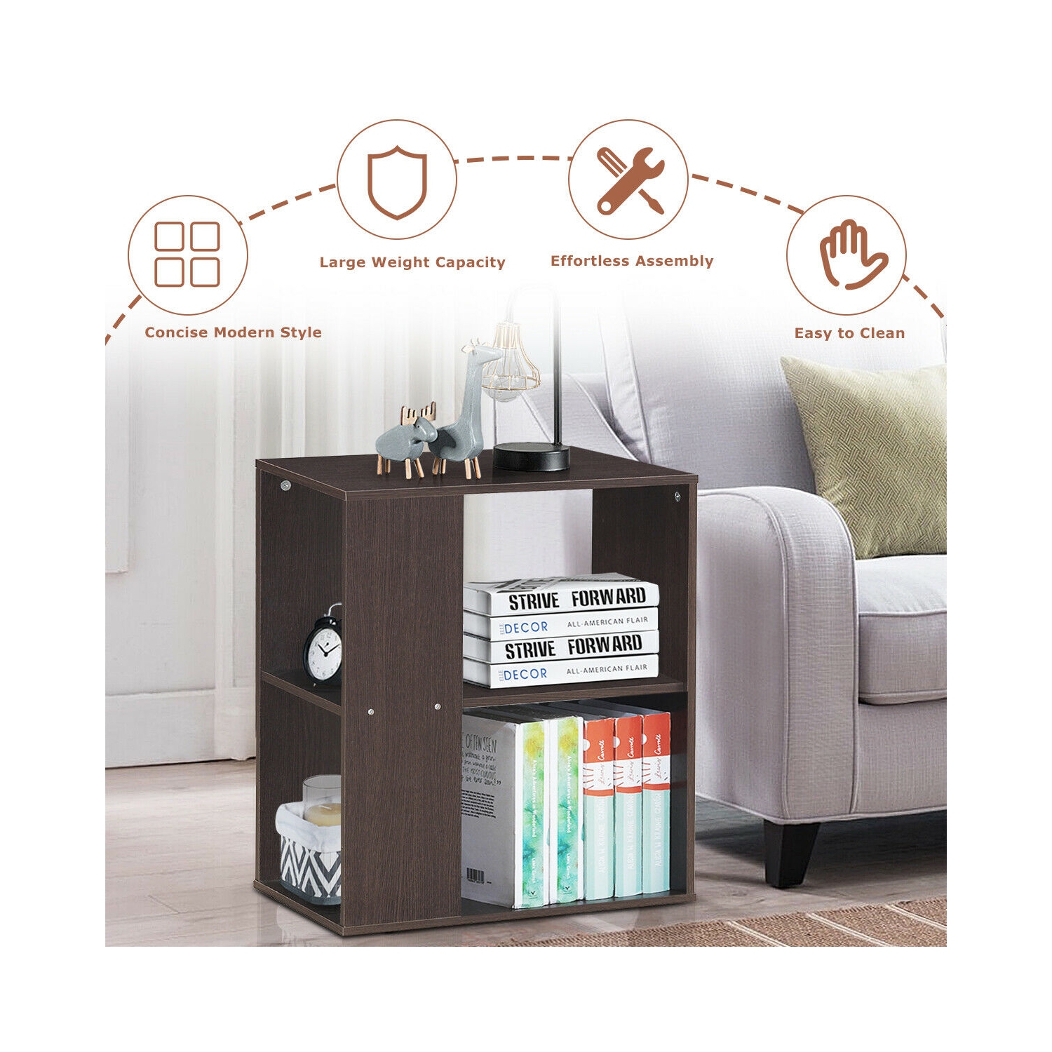 Gymax 2-Tier Side Sofa End Table Bedside Nightstand Table Brown Home