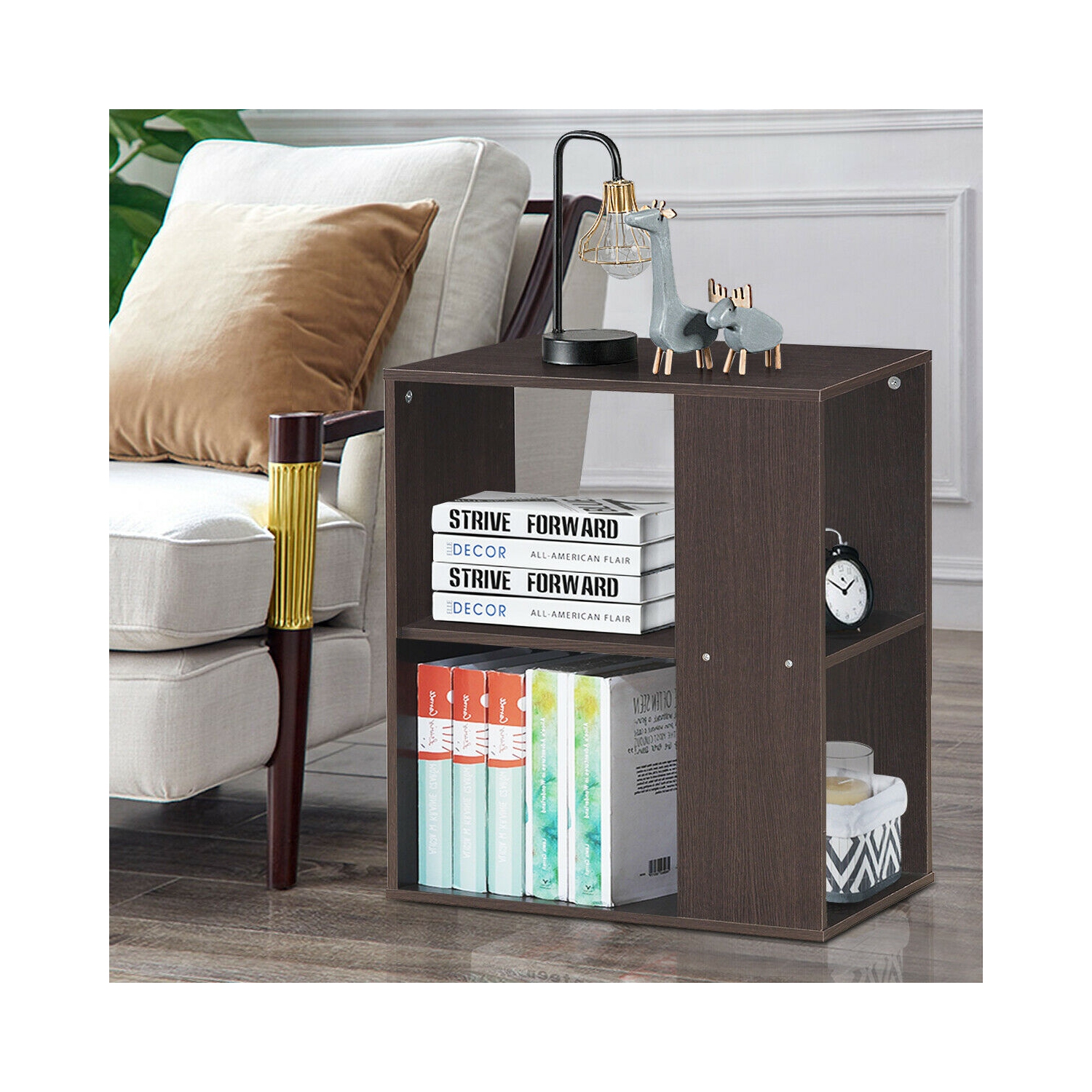 Gymax 2-Tier Side Sofa End Table Bedside Nightstand Table Brown Home