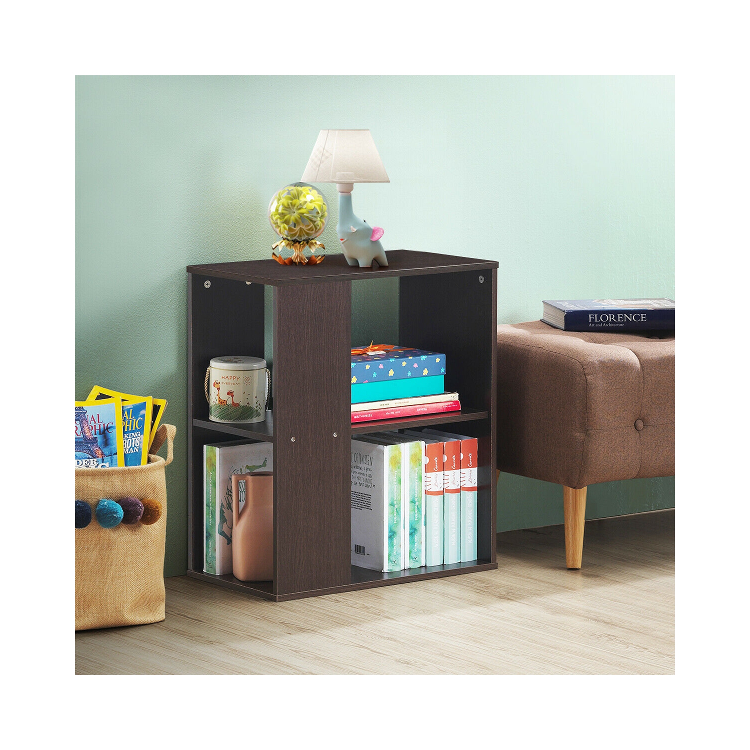 Gymax 2-Tier Side Sofa End Table Bedside Nightstand Table Brown Home
