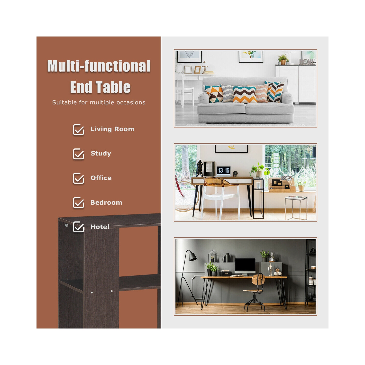 Gymax 2-Tier Side Sofa End Table Bedside Nightstand Table Brown Home