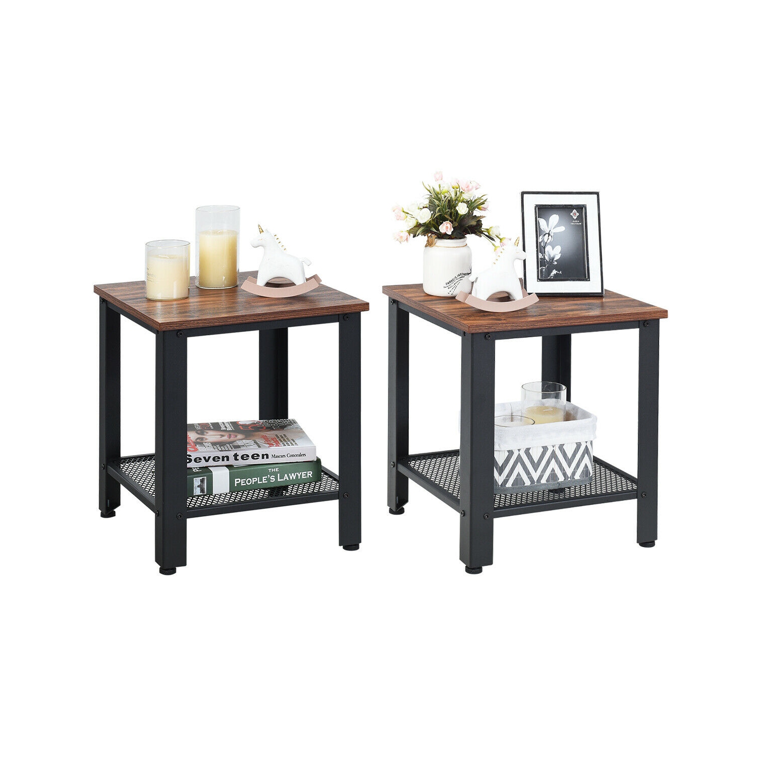 Gymax Set of 2 Industrial End Table 2Tier Side Table W/Storage Shelf Sofa Table Black