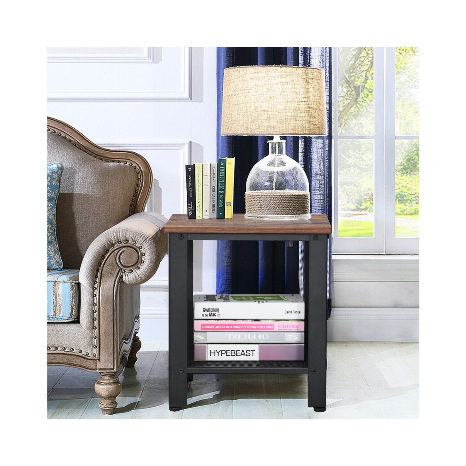 Gymax Set of 2 Industrial End Table 2Tier Side Table W/Storage Shelf Sofa Table Black