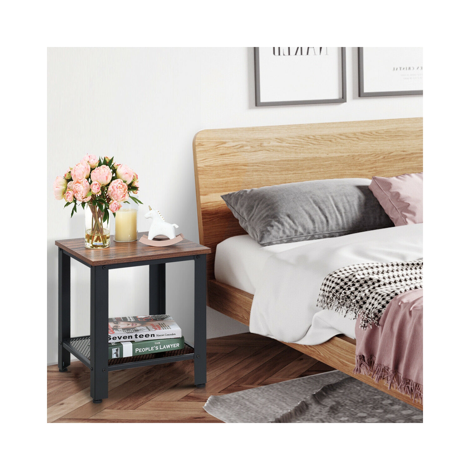 Gymax Set of 2 Industrial End Table 2Tier Side Table W/Storage Shelf Sofa Table Black