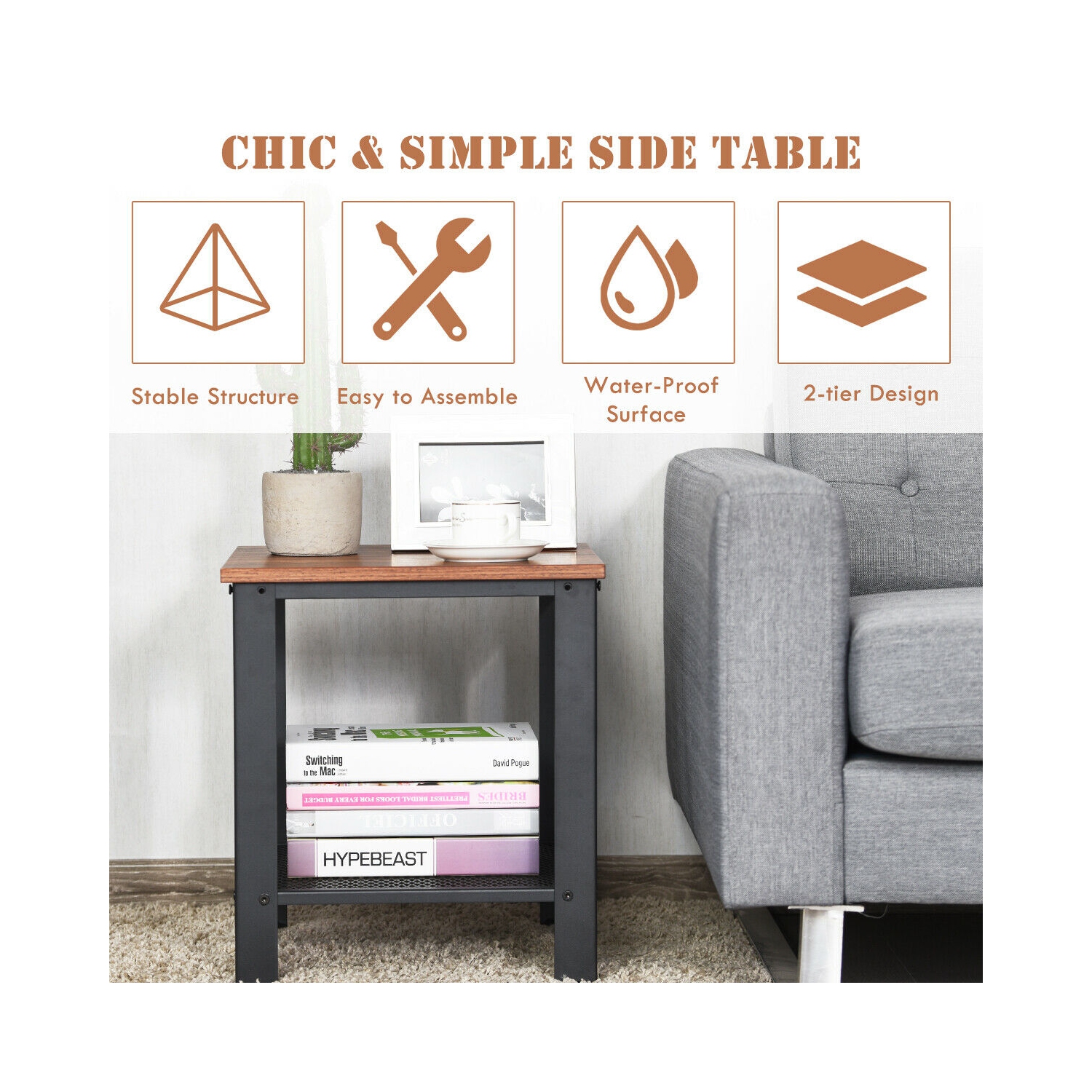 Gymax Set of 2 Industrial End Table 2Tier Side Table W/Storage Shelf Sofa Table Black