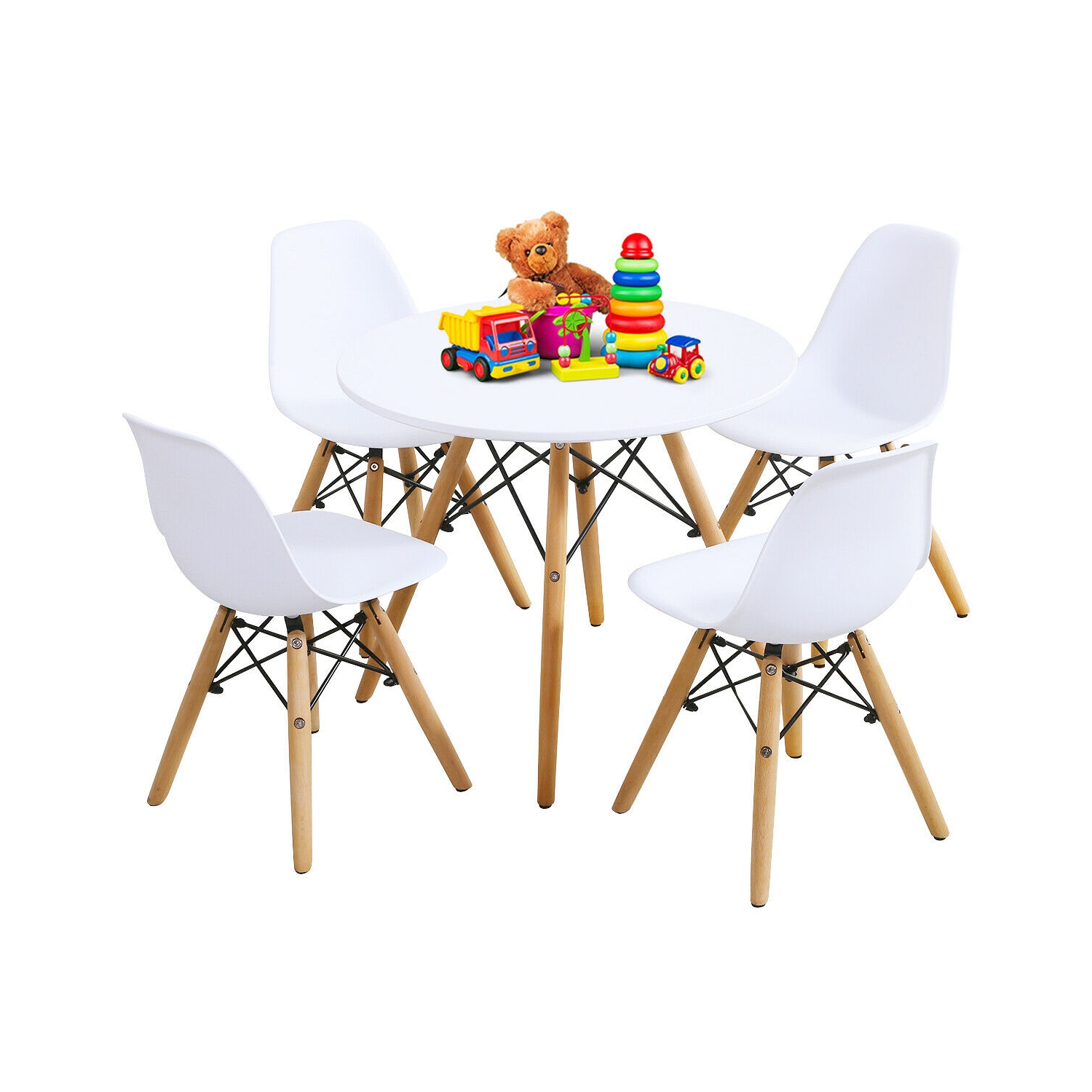 Gymax 5 Piece Kids Table Set Round Table w/ 4 Armless Chairs White