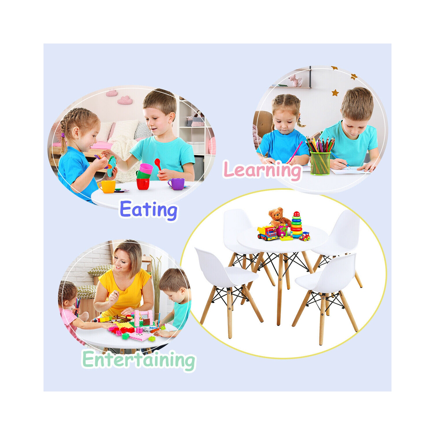 Gymax 5 Piece Kids Table Set Round Table w/ 4 Armless Chairs White