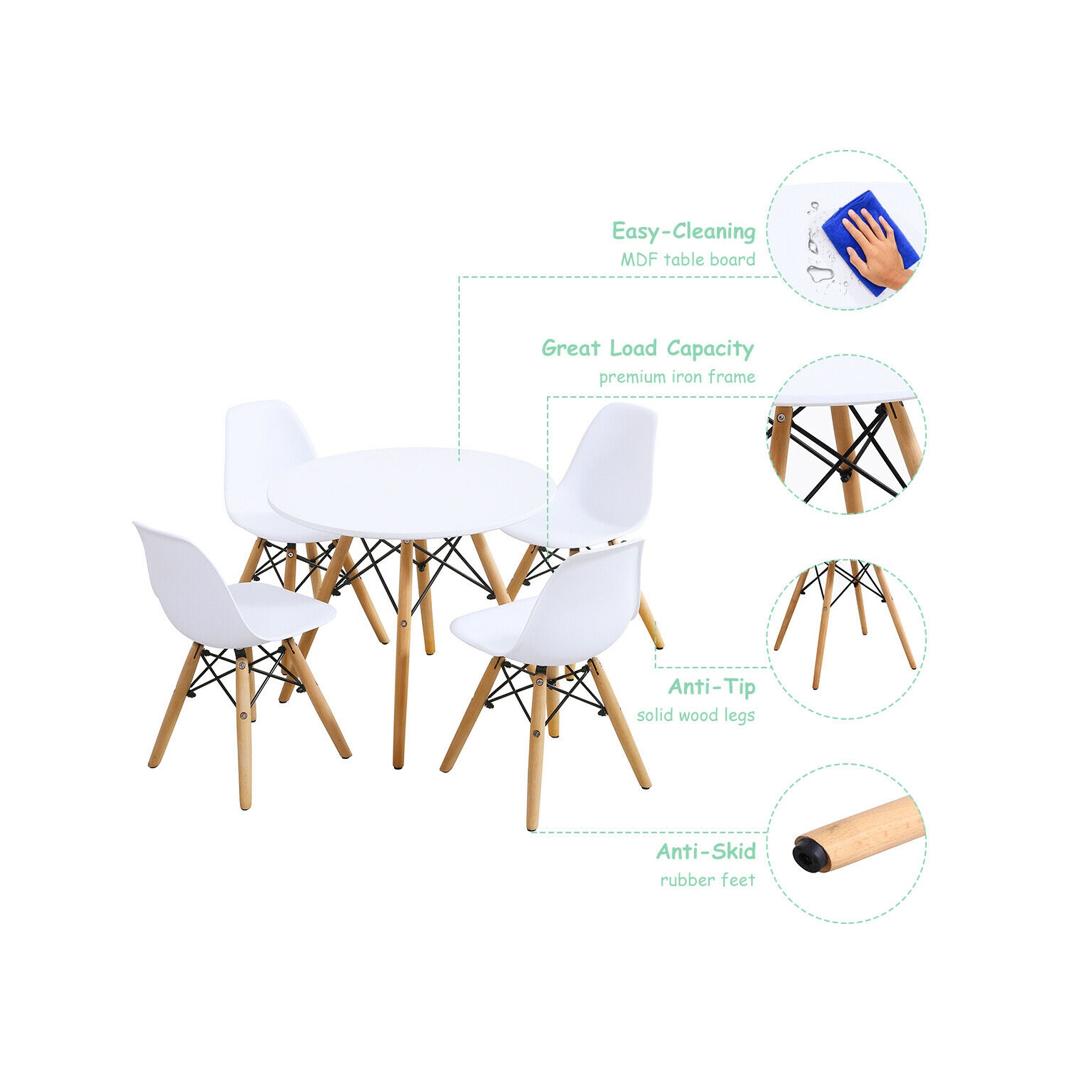 Gymax 5 Piece Kids Table Set Round Table w/ 4 Armless Chairs White