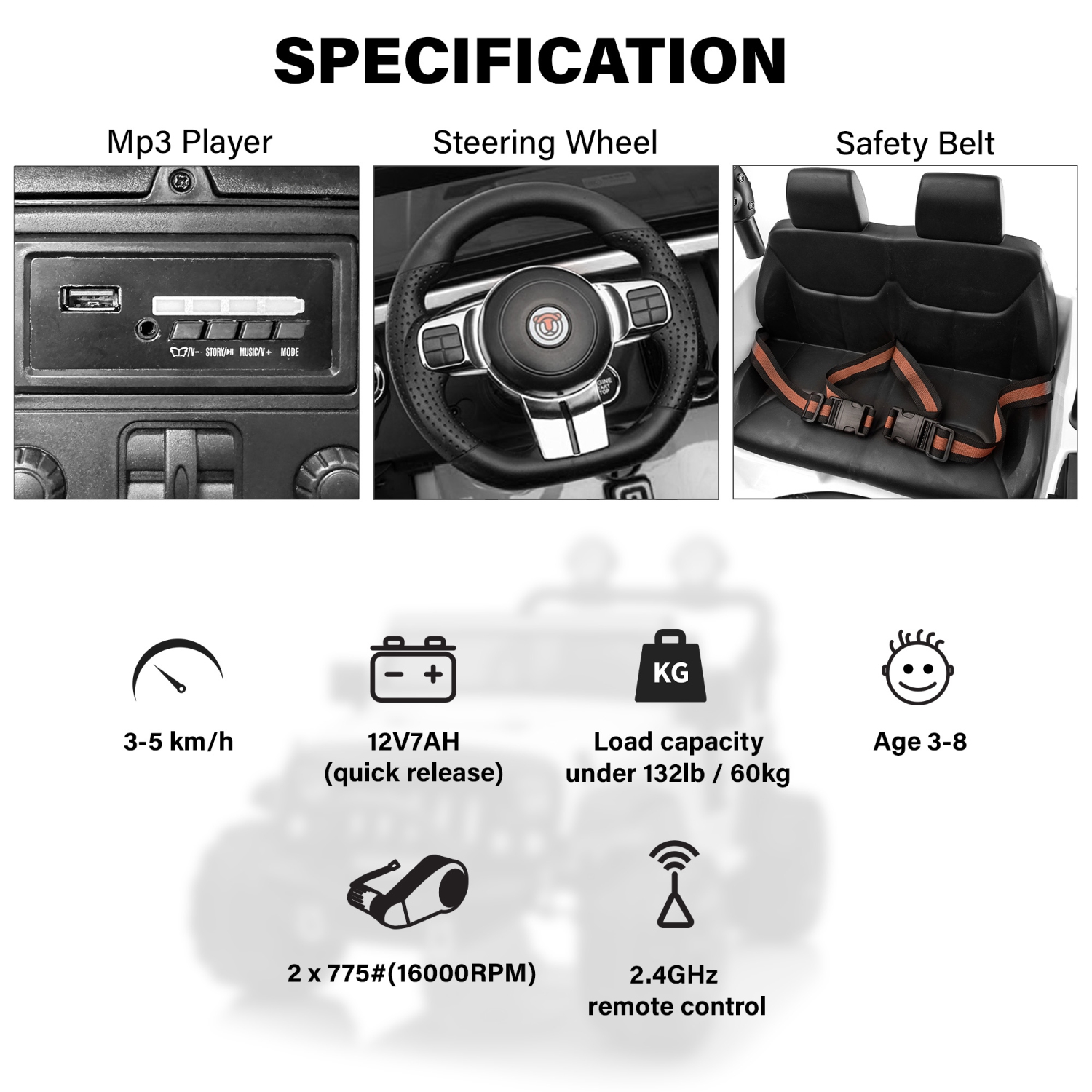 VOLTZ TOYS – JOUET porteur à 2 places, voiture électrique 12&nbsp;V pour enfants, Jeep électrique avec 2 sièges, éclairage DEL complet, contrôle