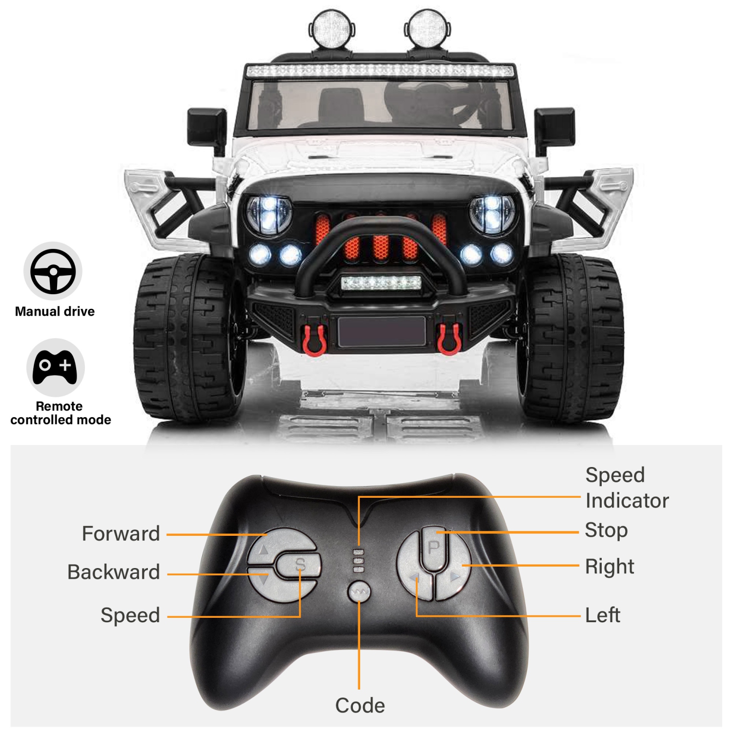 VOLTZ TOYS – JOUET porteur à 2 places, voiture électrique 12&nbsp;V pour enfants, Jeep électrique avec 2 sièges, éclairage DEL complet, contrôle