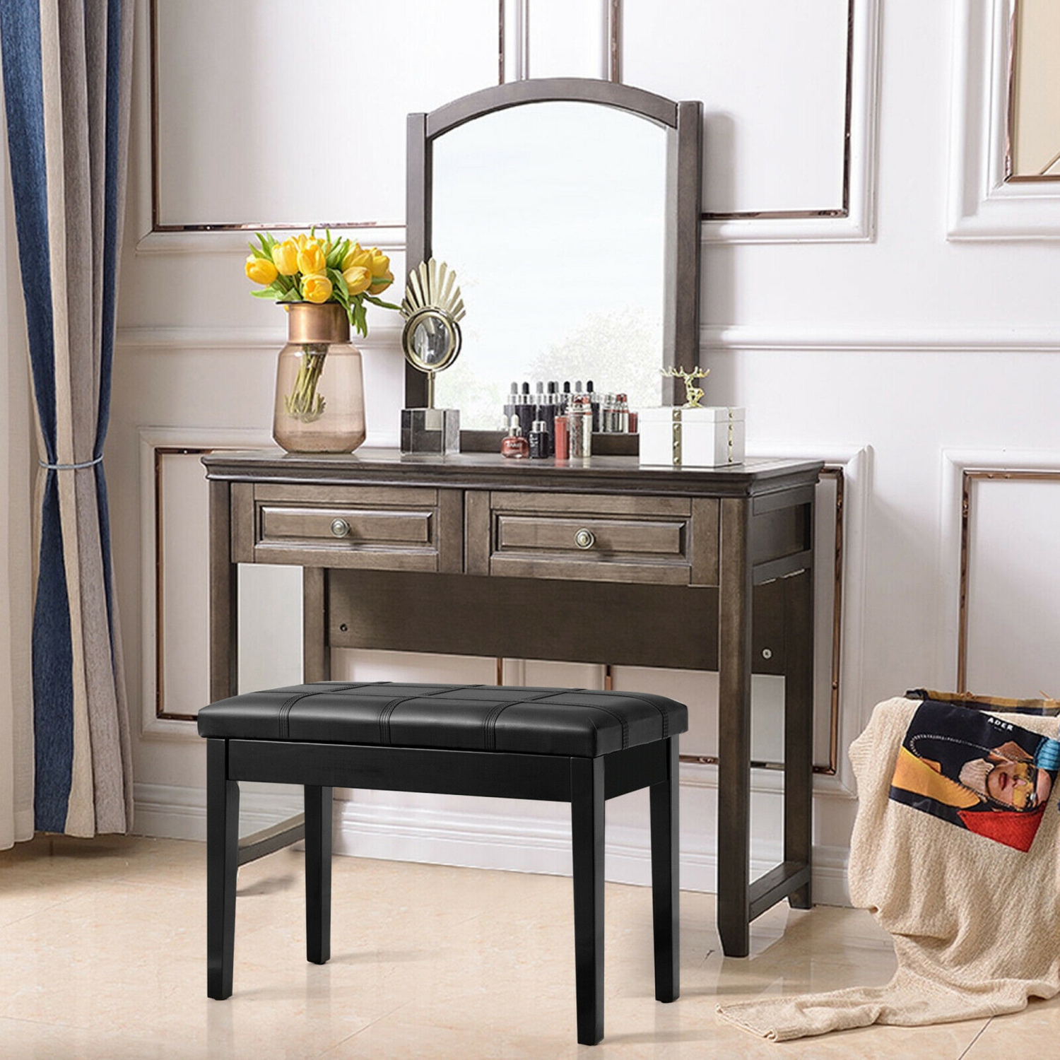 Gymax PU Leather Piano Keyboard Bench Padded Cushion Double Seat Storage