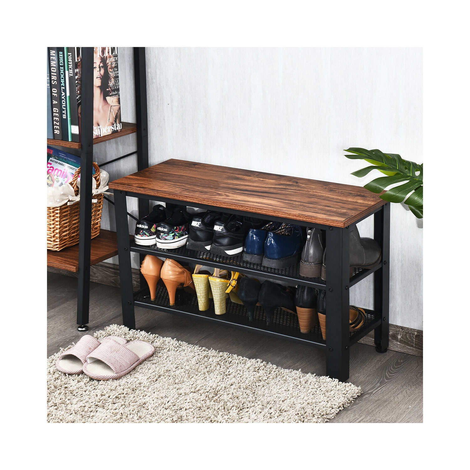 Gymax 3-Tier Shoe Rack Industrial Shoe Bench with Storage Shelves for LivingRoom Brown