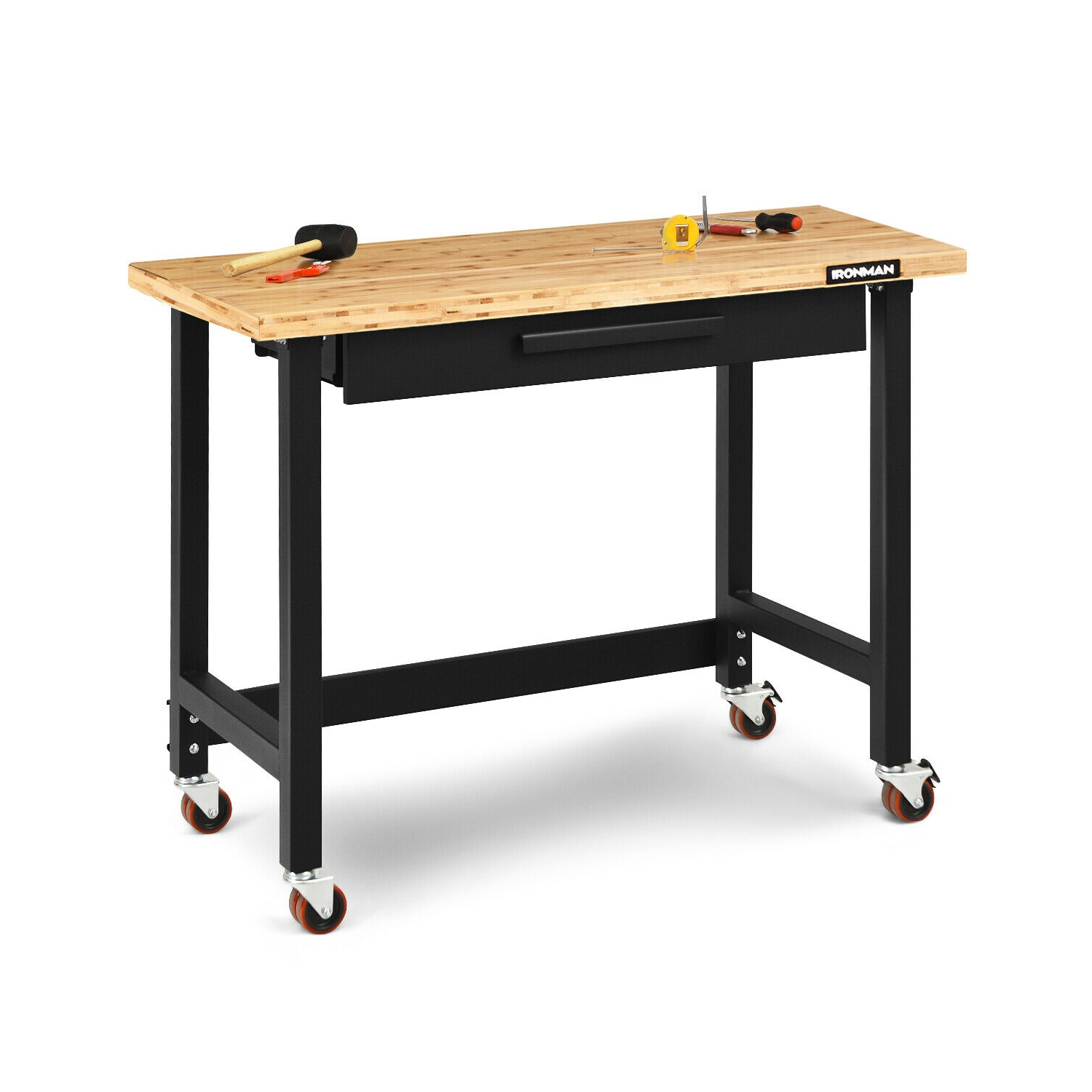 Gymax 48 Inch Mobile Garage Workbench Bamboo Top with Casters and Organizer Drawer
