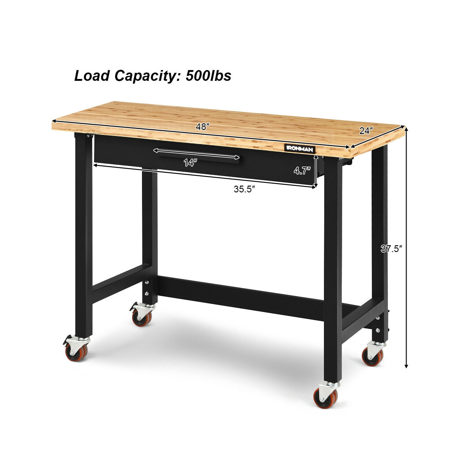 Gymax 48 Inch Mobile Garage Workbench Bamboo Top with Casters and Organizer Drawer