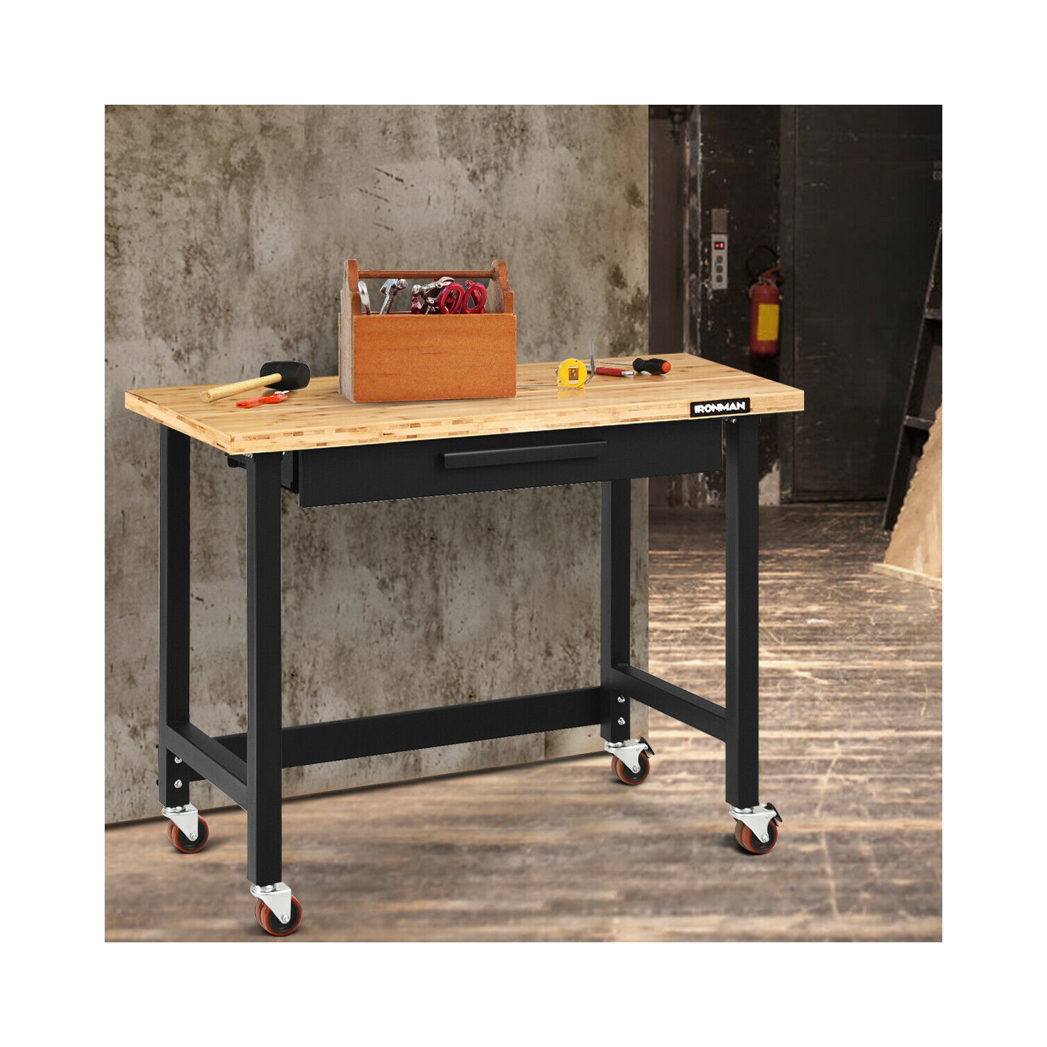 Gymax 48 Inch Mobile Garage Workbench Bamboo Top with Casters and Organizer Drawer