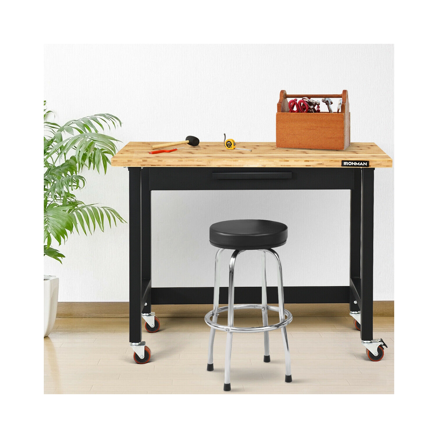 Gymax 48 Inch Mobile Garage Workbench Bamboo Top with Casters and Organizer Drawer