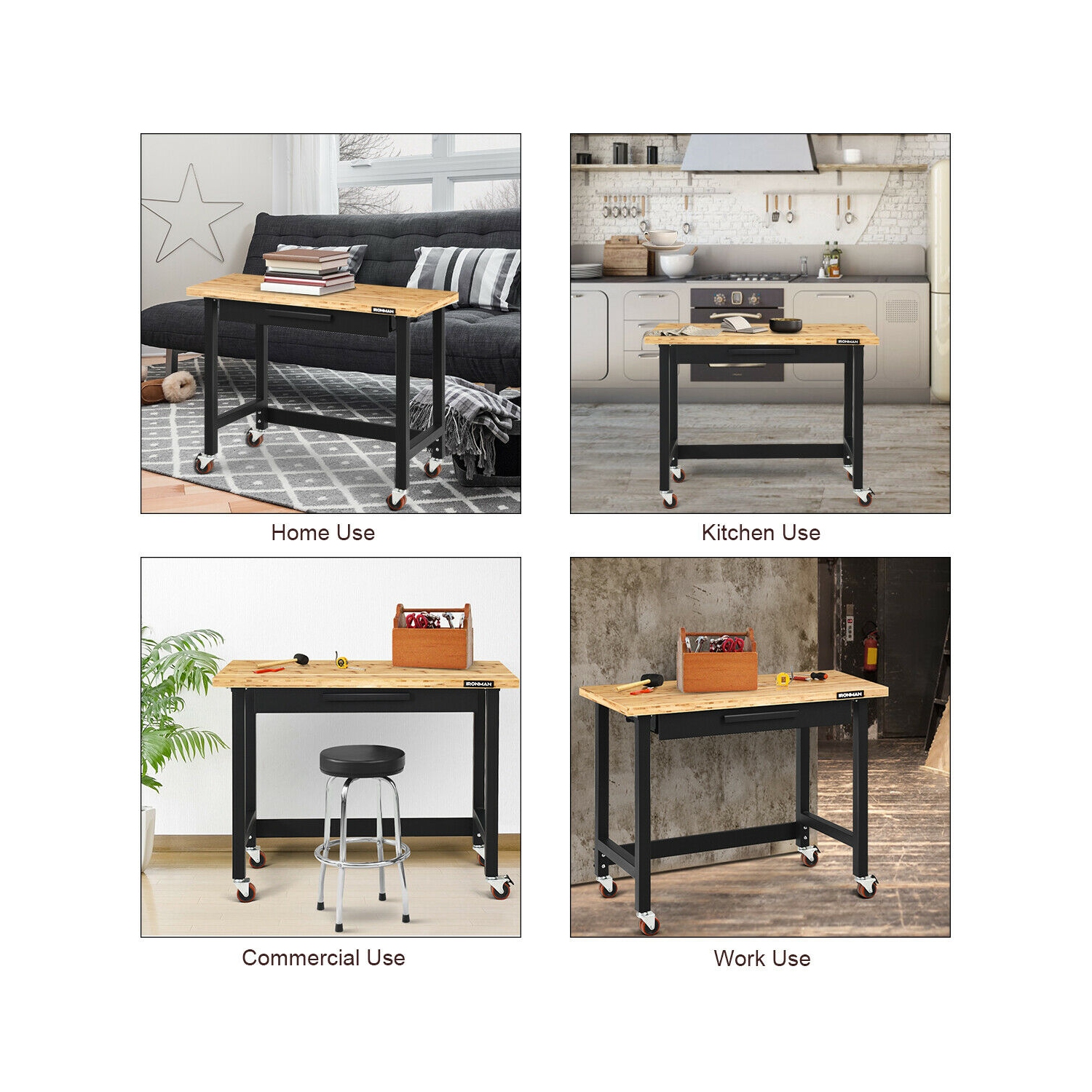 Gymax 48 Inch Mobile Garage Workbench Bamboo Top with Casters and Organizer Drawer