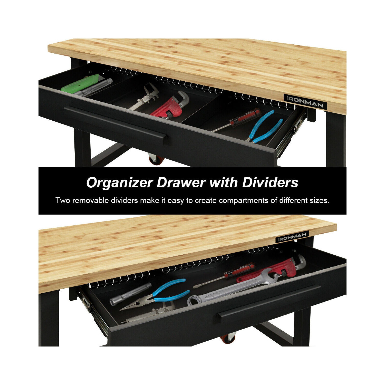 Gymax 48 Inch Mobile Garage Workbench Bamboo Top with Casters and Organizer Drawer