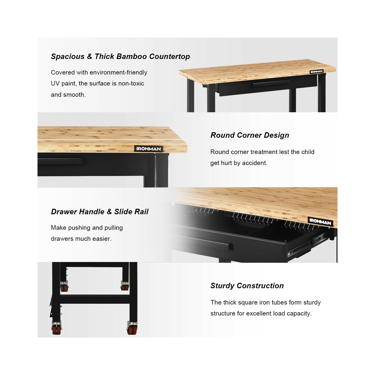 Gymax 48 Inch Mobile Garage Workbench Bamboo Top with Casters and Organizer Drawer