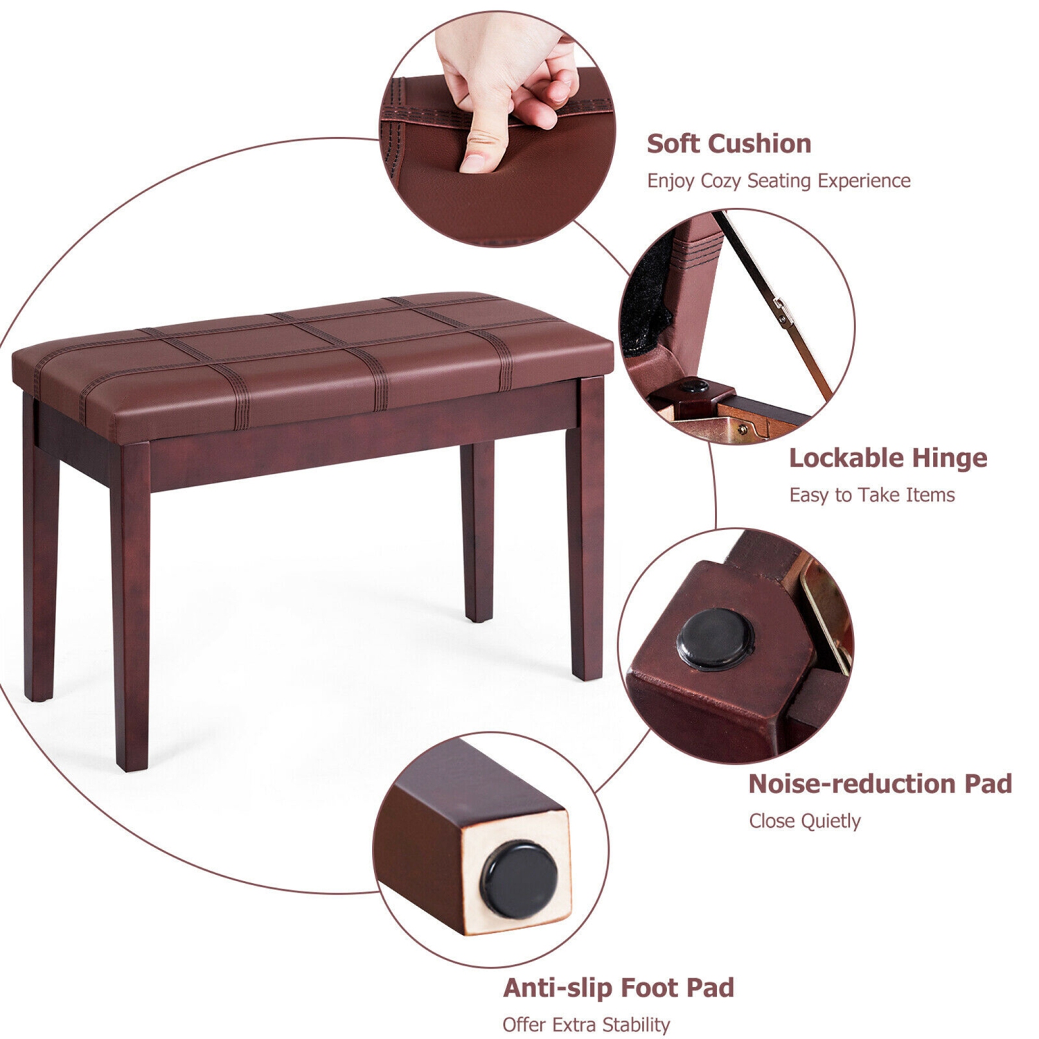 Gymax PU Leather Piano Keyboard Bench Padded Cushion Double Seat Storage
