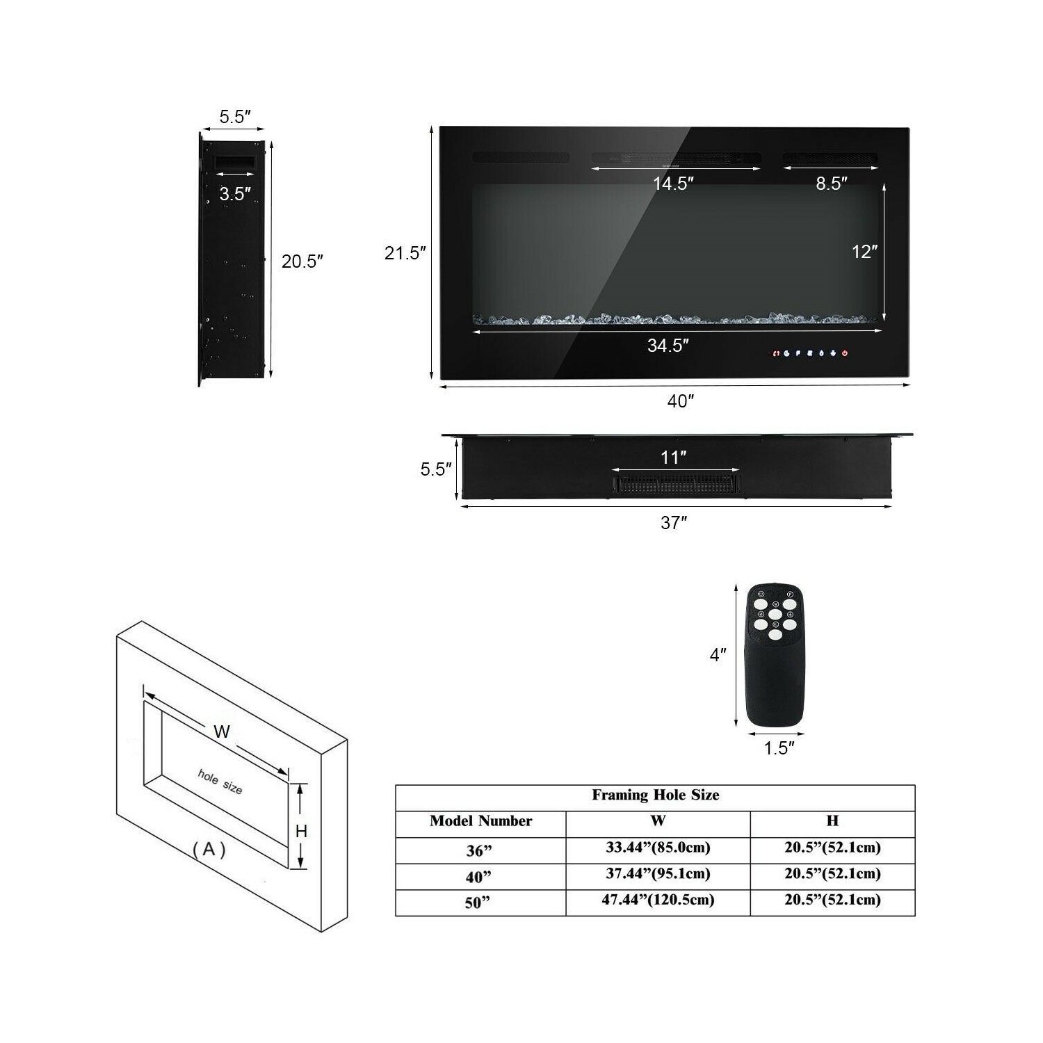 Gymax 40'' Electric Fireplace Recessed and Wall Mounted 750W/1500W W/ Multicolor Flame