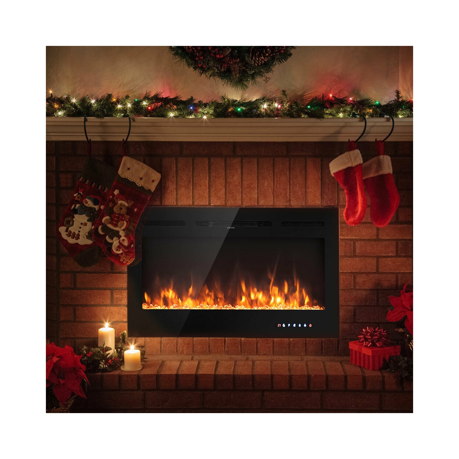 Gymax 40'' Electric Fireplace Recessed and Wall Mounted 750W/1500W W/ Multicolor Flame