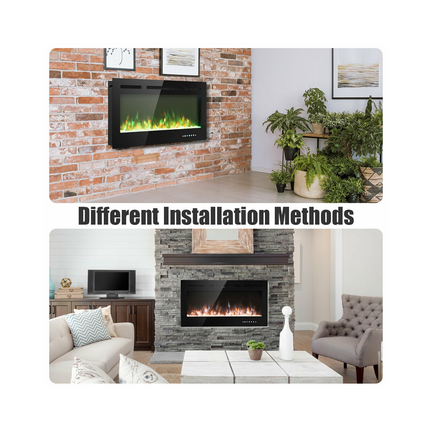 Gymax 40'' Electric Fireplace Recessed and Wall Mounted 750W/1500W W/ Multicolor Flame