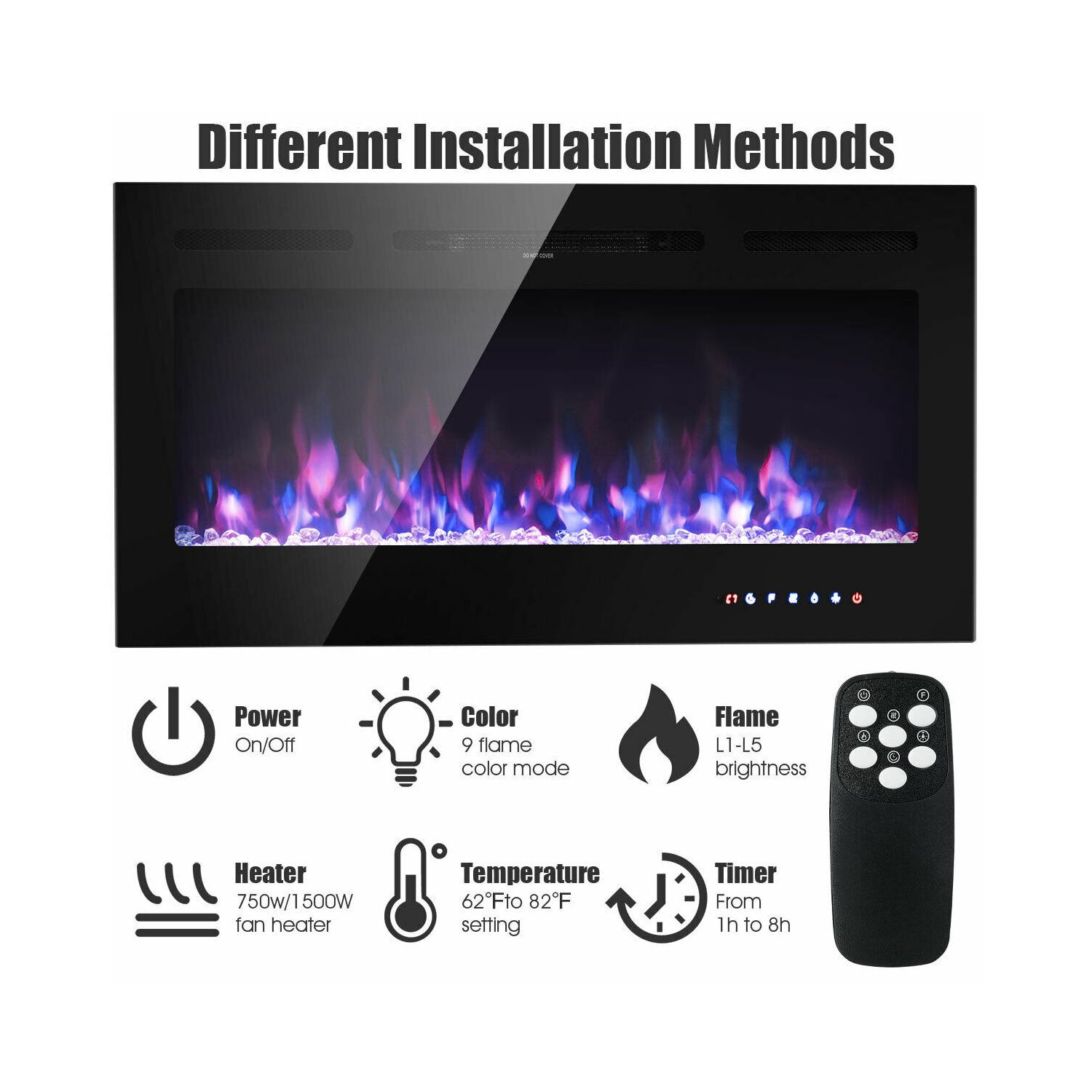 Gymax 40'' Electric Fireplace Recessed and Wall Mounted 750W/1500W W/ Multicolor Flame