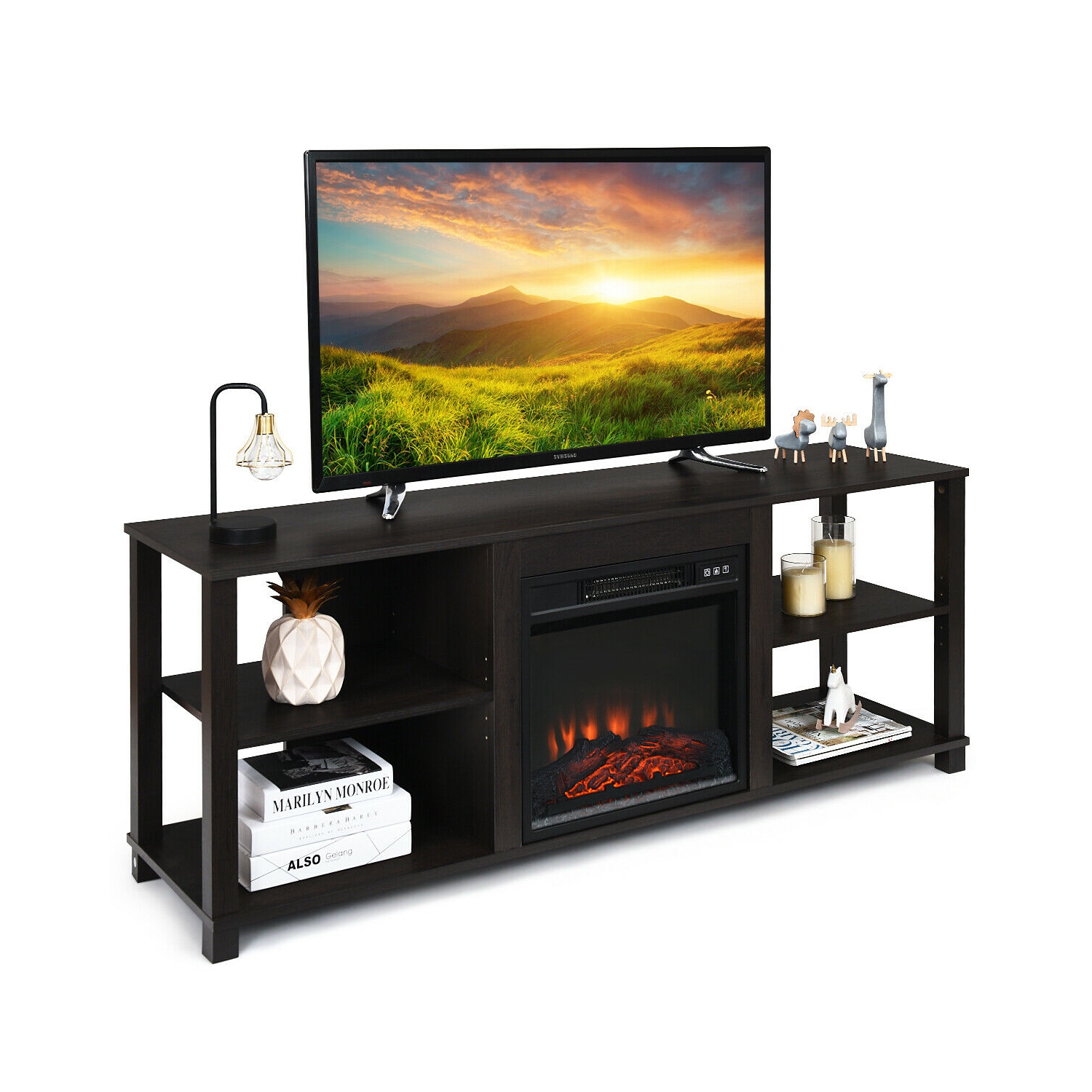Gymax 2-Tier TV Stand &Electric Fireplace Heater Storage Cabinet Console For 65" TV