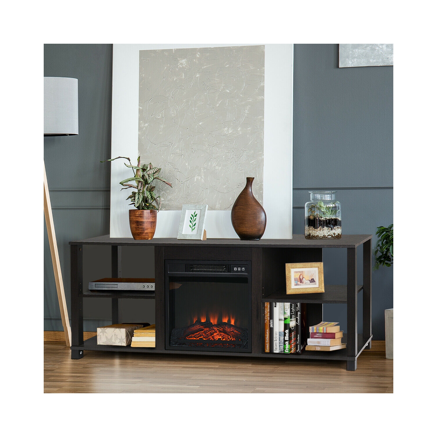 Gymax 2-Tier TV Stand &Electric Fireplace Heater Storage Cabinet Console For 65" TV