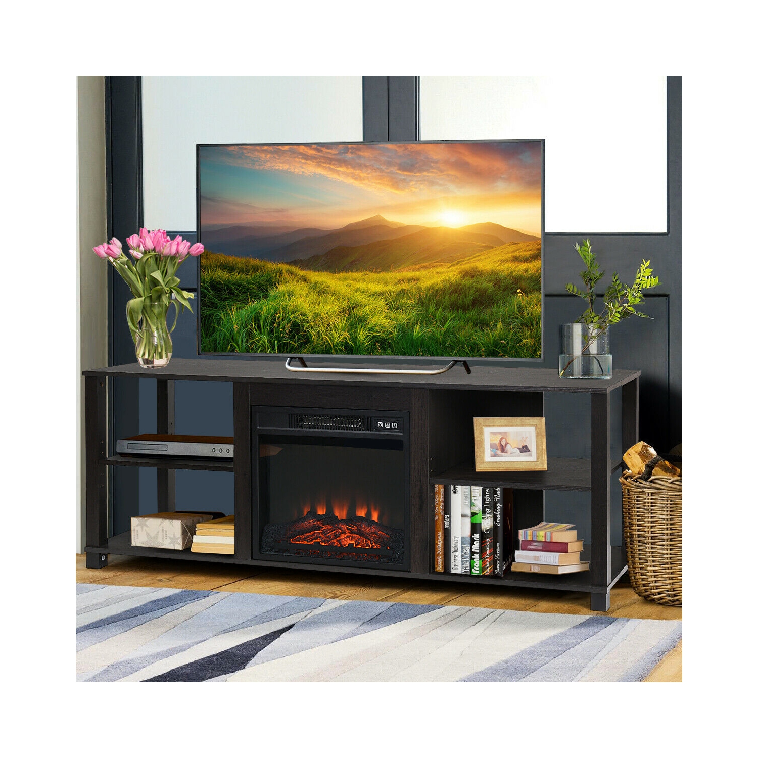 Gymax 2-Tier TV Stand &Electric Fireplace Heater Storage Cabinet Console For 65" TV