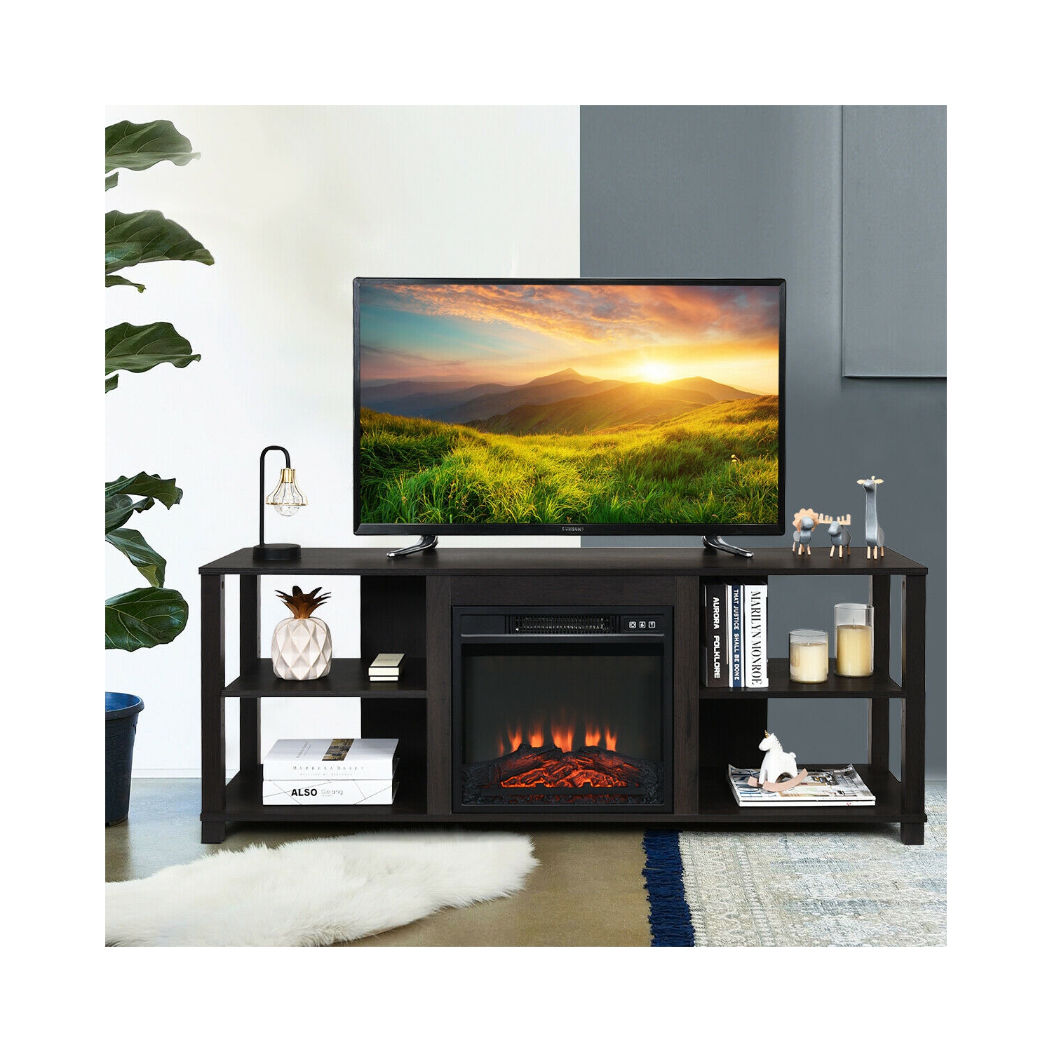 Gymax 2-Tier TV Stand &Electric Fireplace Heater Storage Cabinet Console For 65" TV