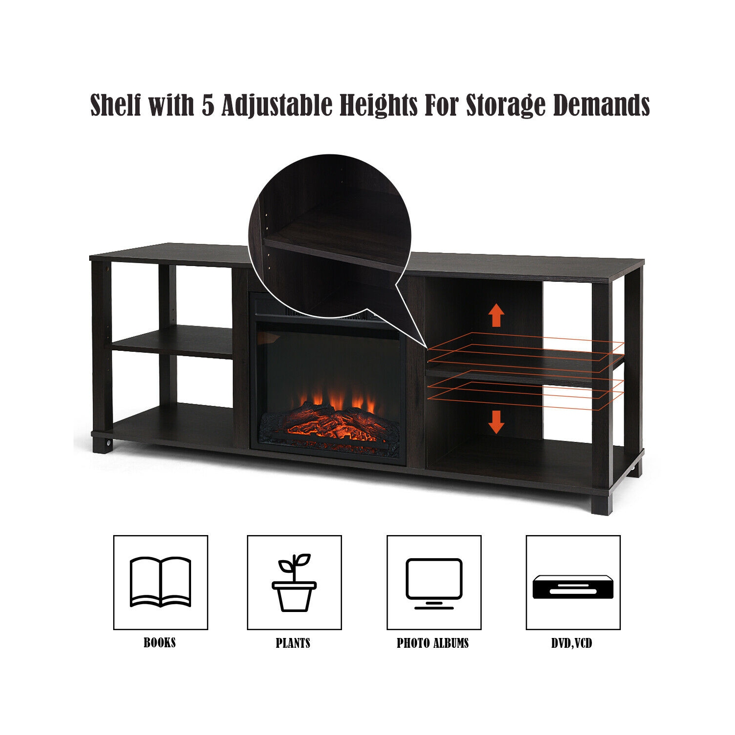 Gymax 2-Tier TV Stand &Electric Fireplace Heater Storage Cabinet Console For 65" TV