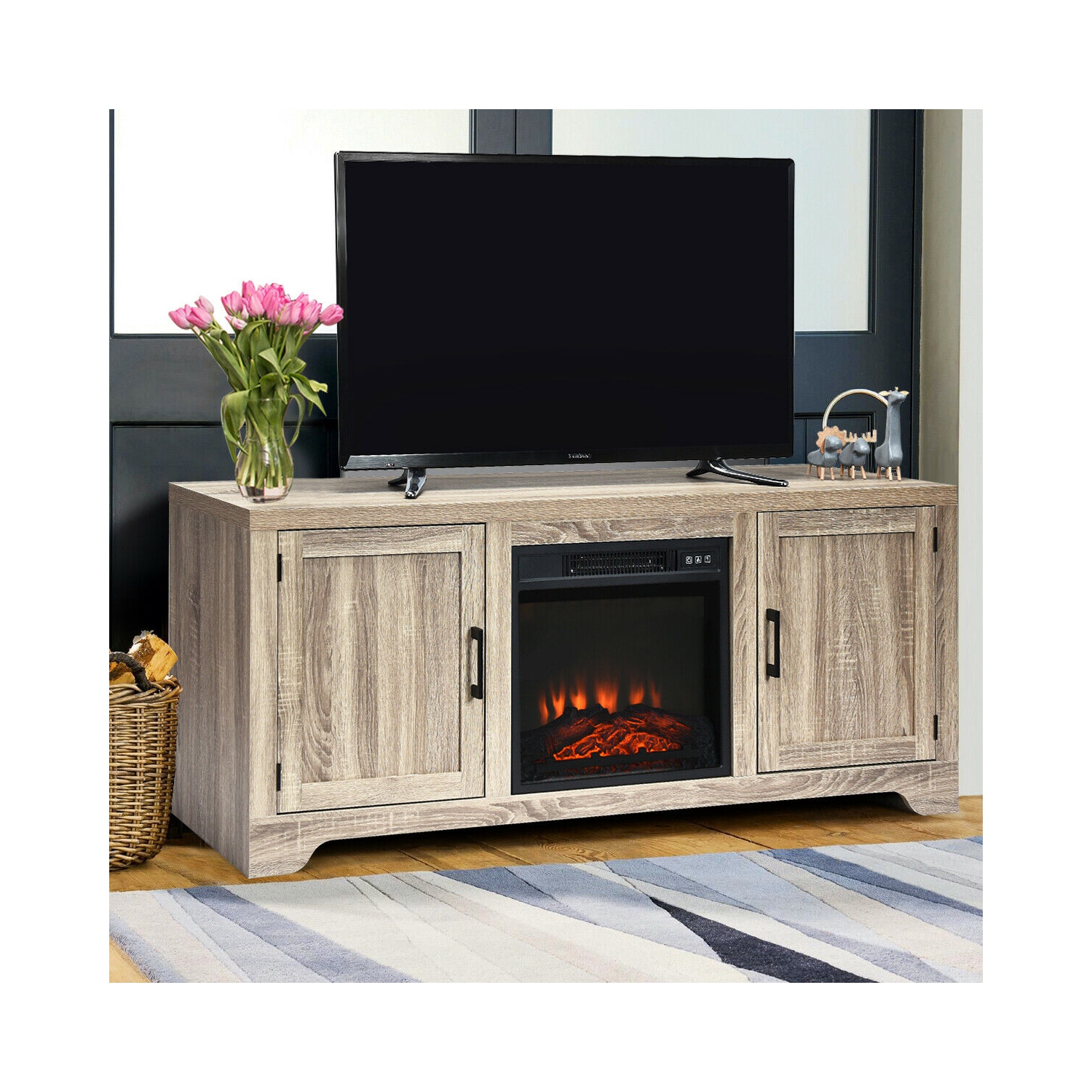 Gymax 18" Electric Fireplace Freestanding &Wall-Mounted Heater Log Flame Remote 1400W
