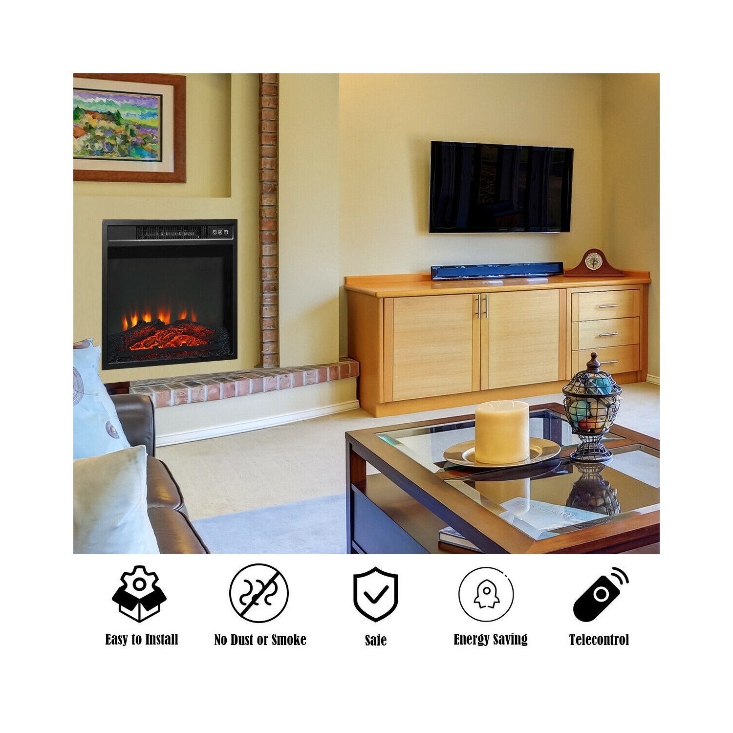 Gymax 18" Electric Fireplace Freestanding &Wall-Mounted Heater Log Flame Remote 1400W