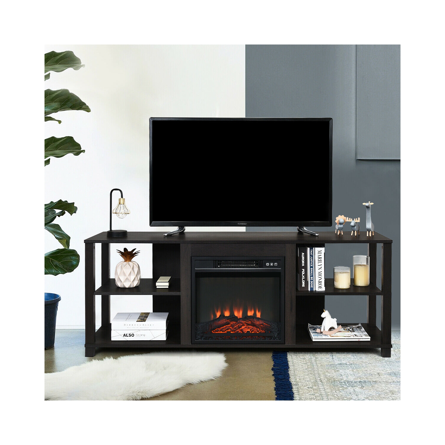 Gymax 18" Electric Fireplace Freestanding &Wall-Mounted Heater Log Flame Remote 1400W