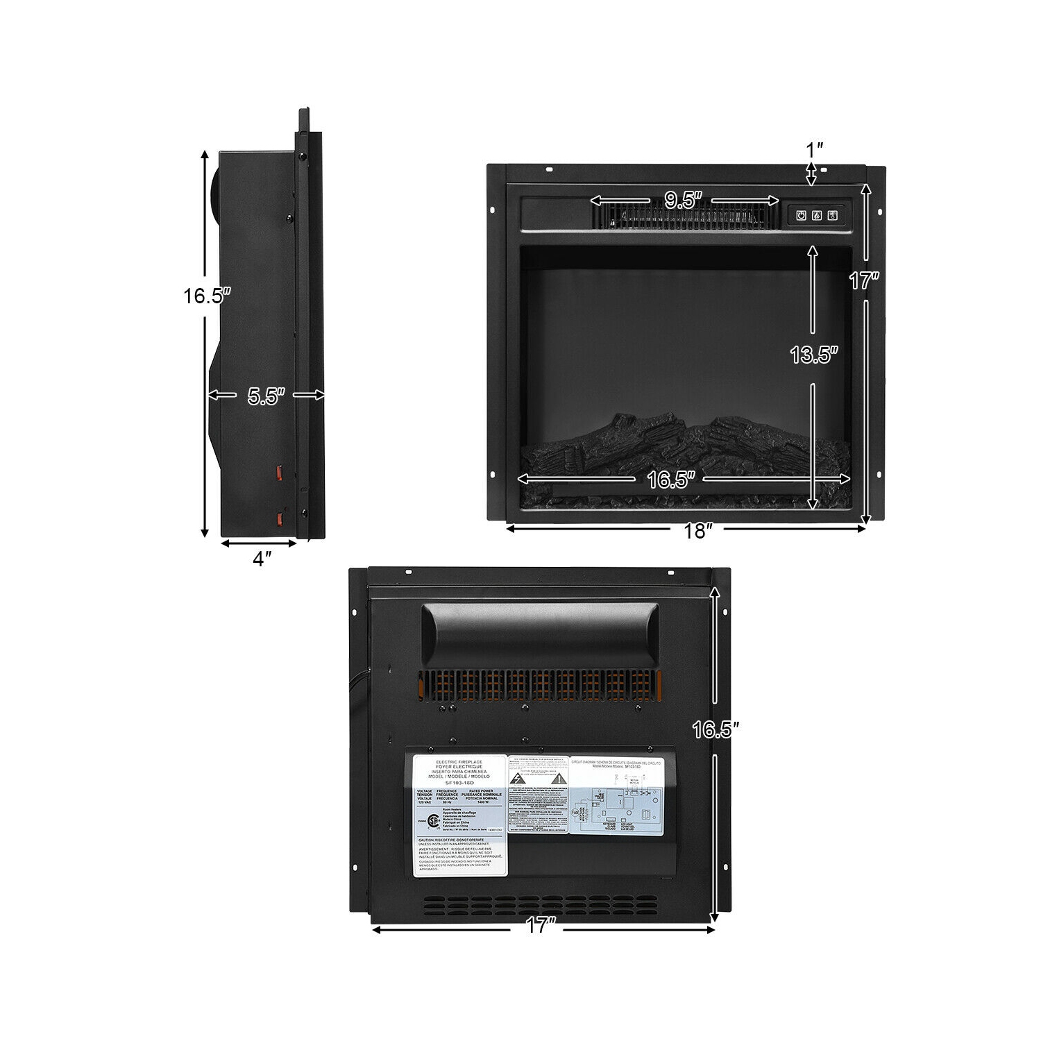 Gymax 18" Electric Fireplace Freestanding &Wall-Mounted Heater Log Flame Remote 1400W