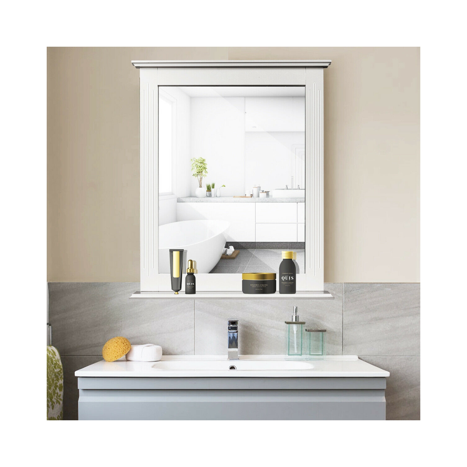 Gymax Bathroom Wall Mirror W/Shelf Square Vanity Makeup Mirror Multipurpose Usage