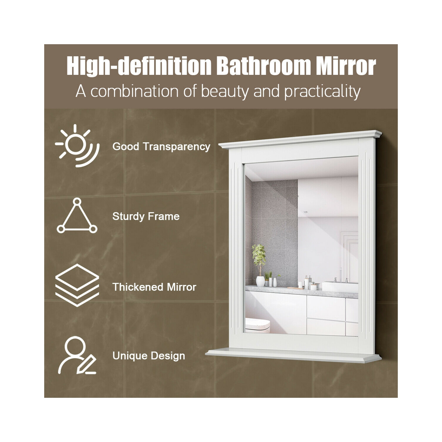 Gymax Bathroom Wall Mirror W/Shelf Square Vanity Makeup Mirror Multipurpose Usage