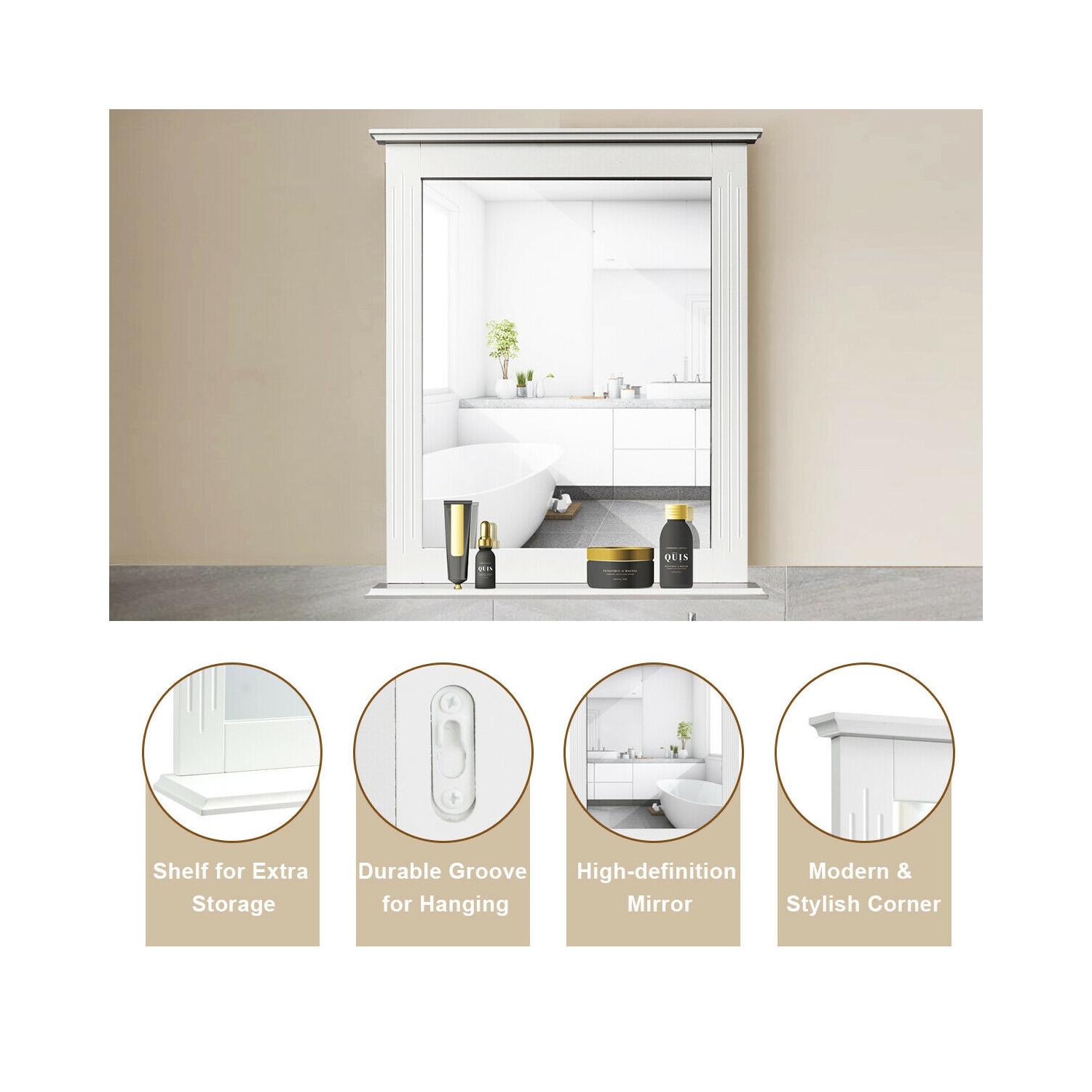 Gymax Bathroom Wall Mirror W/Shelf Square Vanity Makeup Mirror Multipurpose Usage