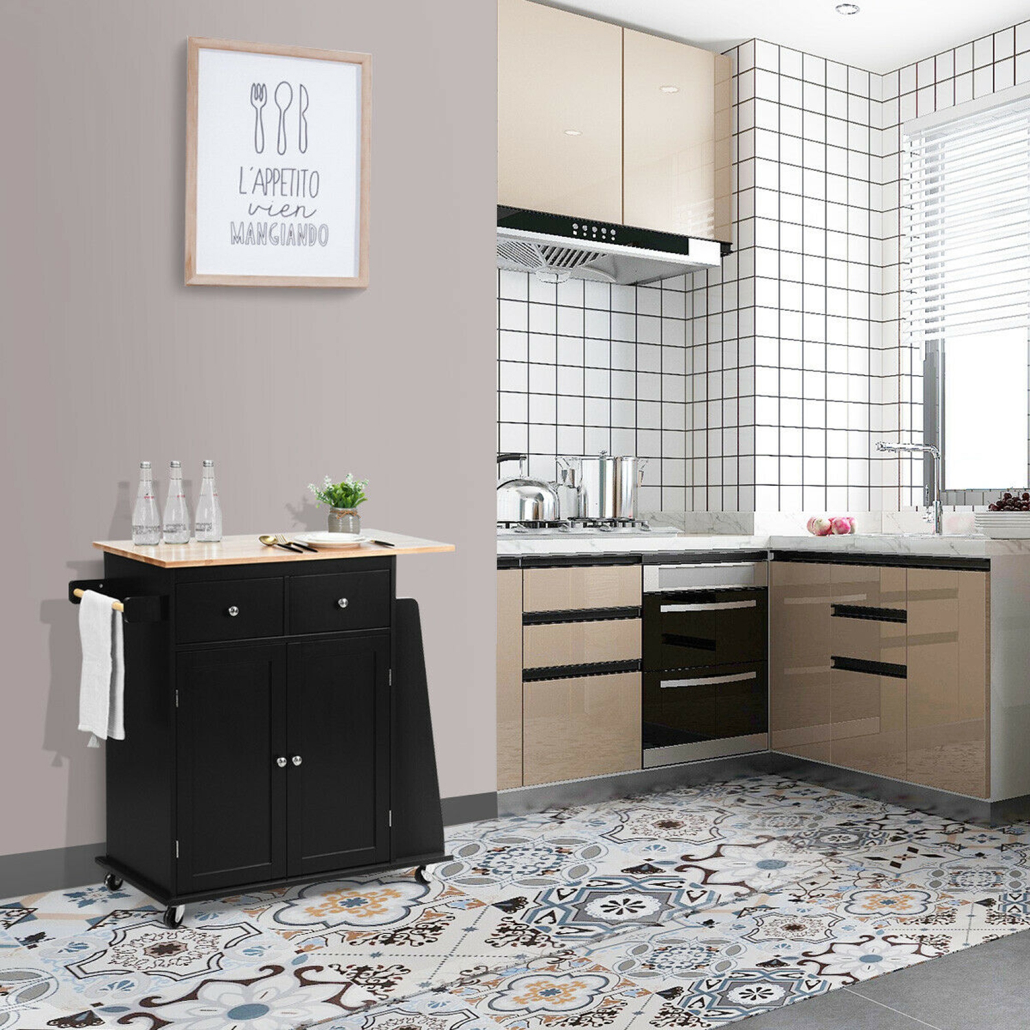 Gymax Rolling Kitchen Island Utility Trolley Cabinet Storage Spice Towel Rack Black